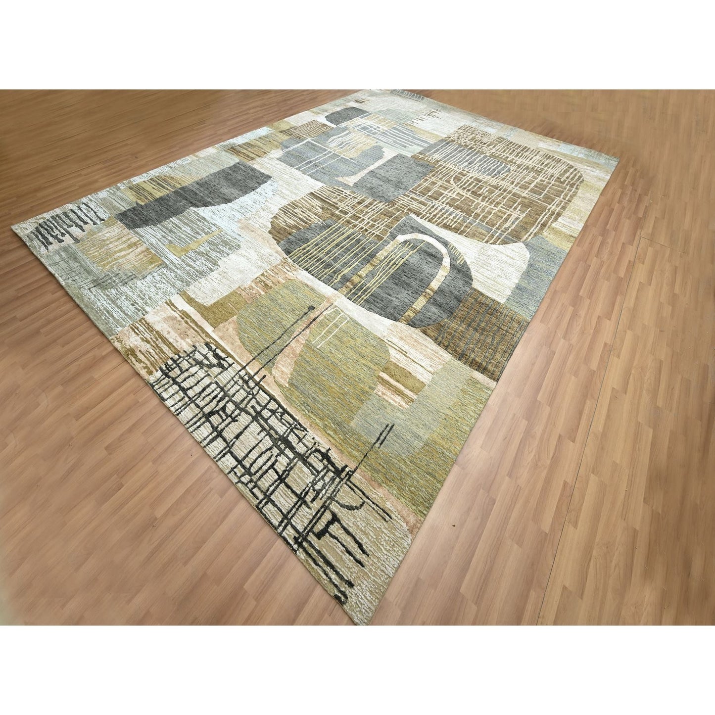 10'X14' Gray With Brown Hand Knotted Abstract Geometric Pattern Wool Rug