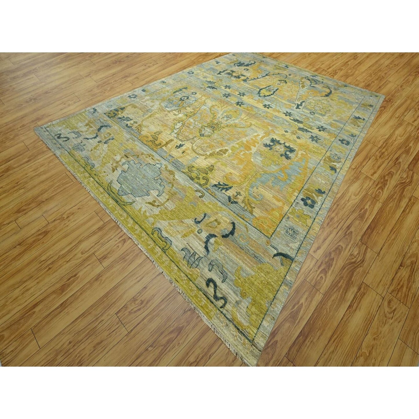 9'1"X12'1" Gray & Gold Antiqued Bijar Garus Design Hand Knotted Wool Rug