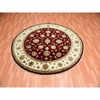 8'X8' Burgundy Red Wool And Silk Hand Knotted Rajasthan Design Round Rug