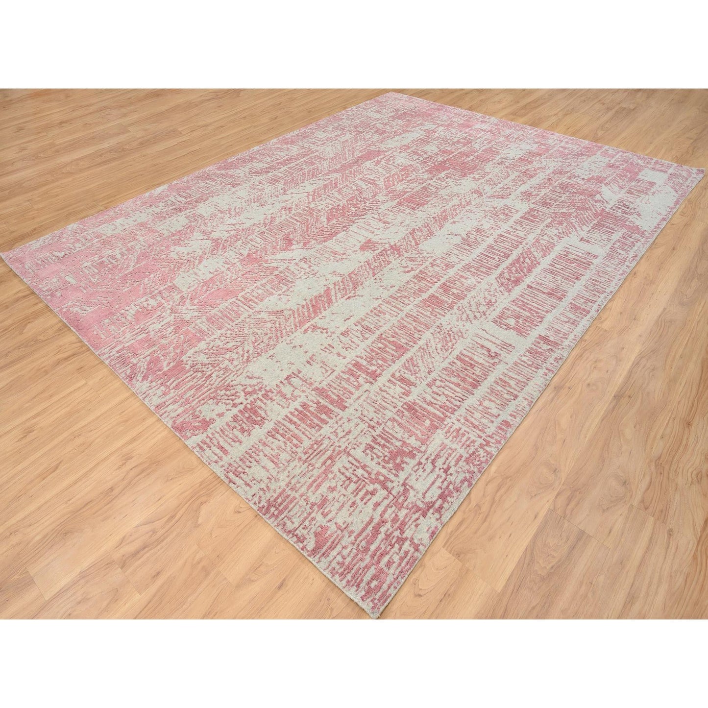9'X11'10" Pink Jacquard Hand Loomed All Over Design Wool And Silk Rug