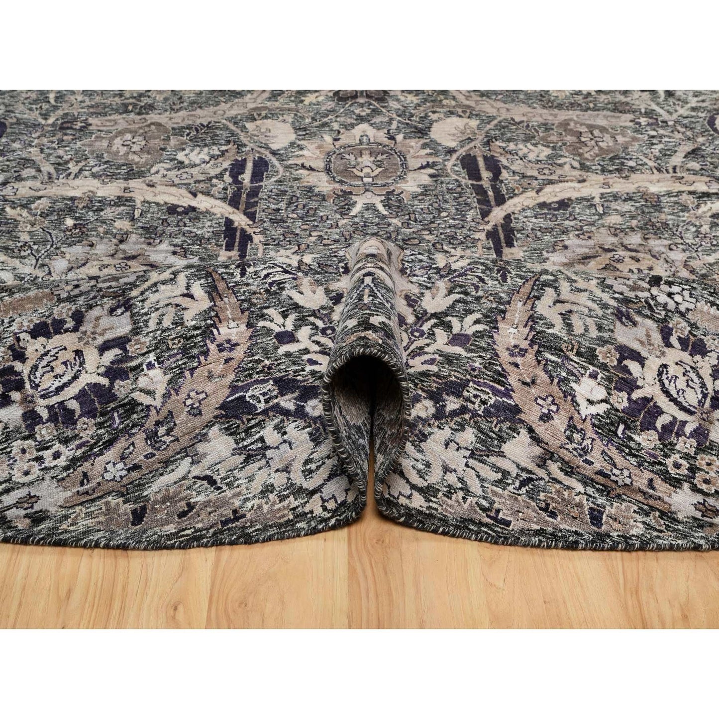 10'X10' Brown Wool And Silk Hand Knotted Sickle Leaf Round Oriental Rug
