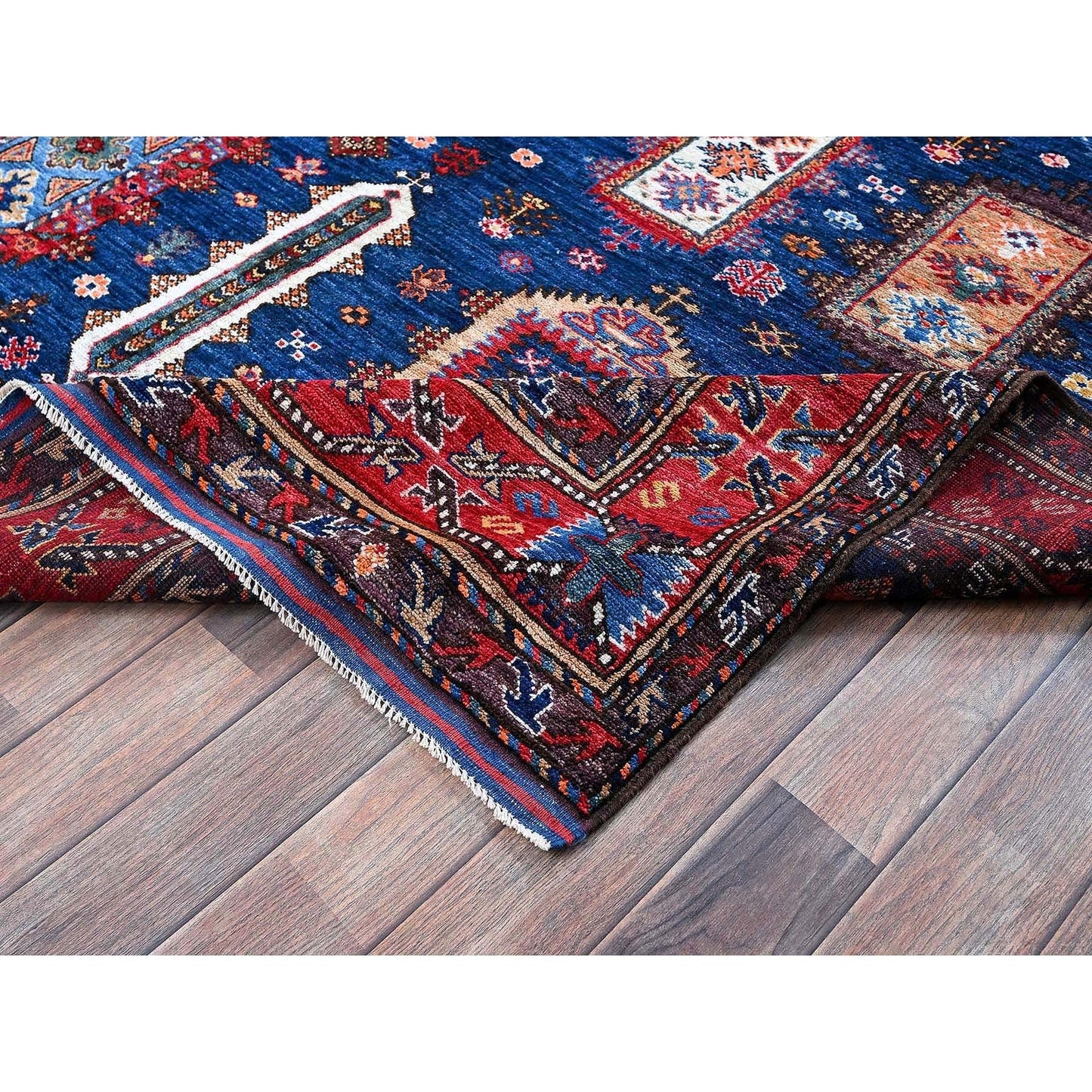 6'1"X8'5" Blue Afghan Caucasian Design Revival Hand Knotted Soft Wool Rug