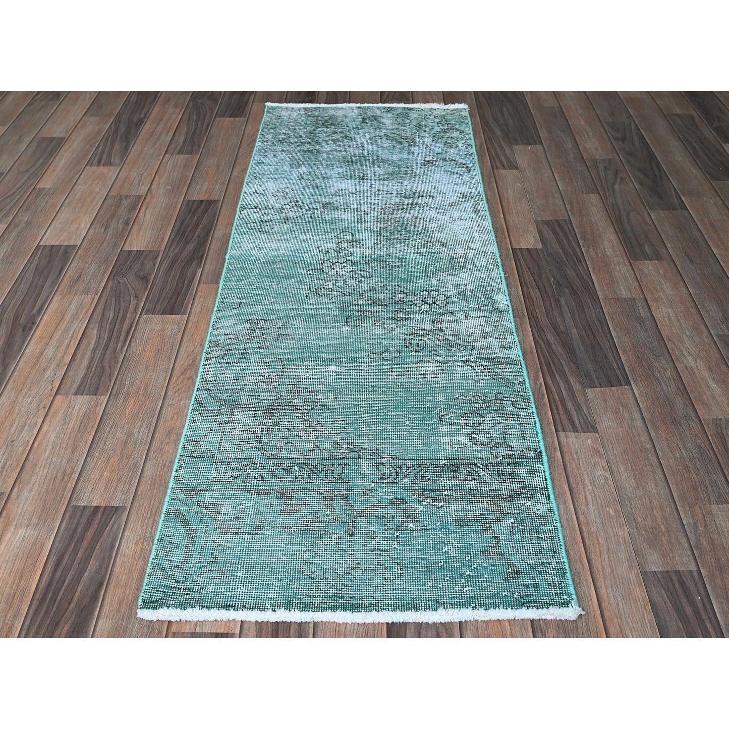 2'X5'8" Green Overdyed Vintage Zoroastrian Hand Knotted All Wool Runner Rug