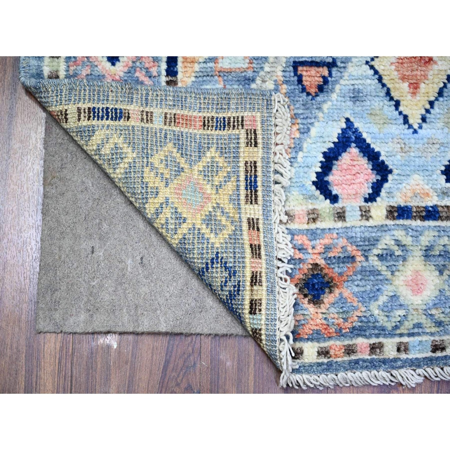 3'2"X10'1" Arctic Blue Hand Knotted Village Inspired Shiny Wool Rug