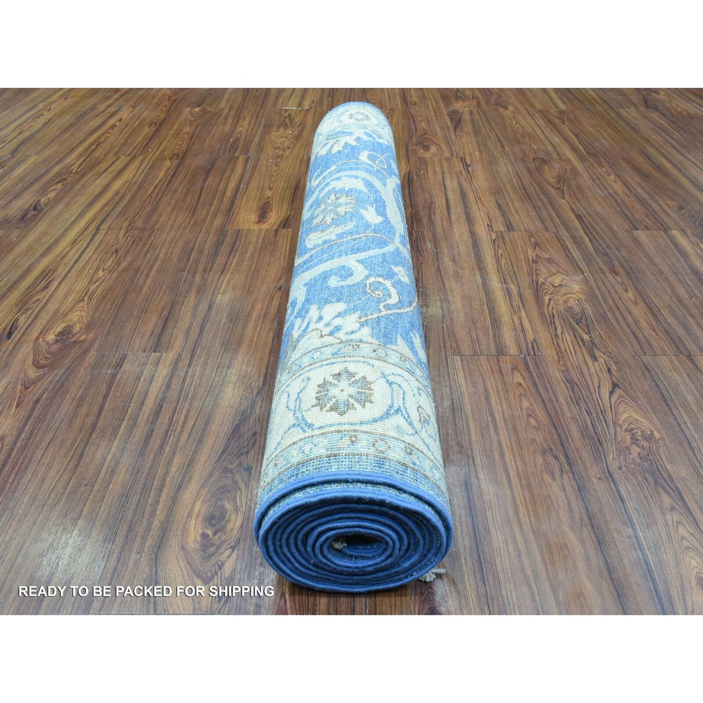 3'9"X13'3" Blue Fine Peshawar Soft Wool Hand Knotted Wide Runner Rug