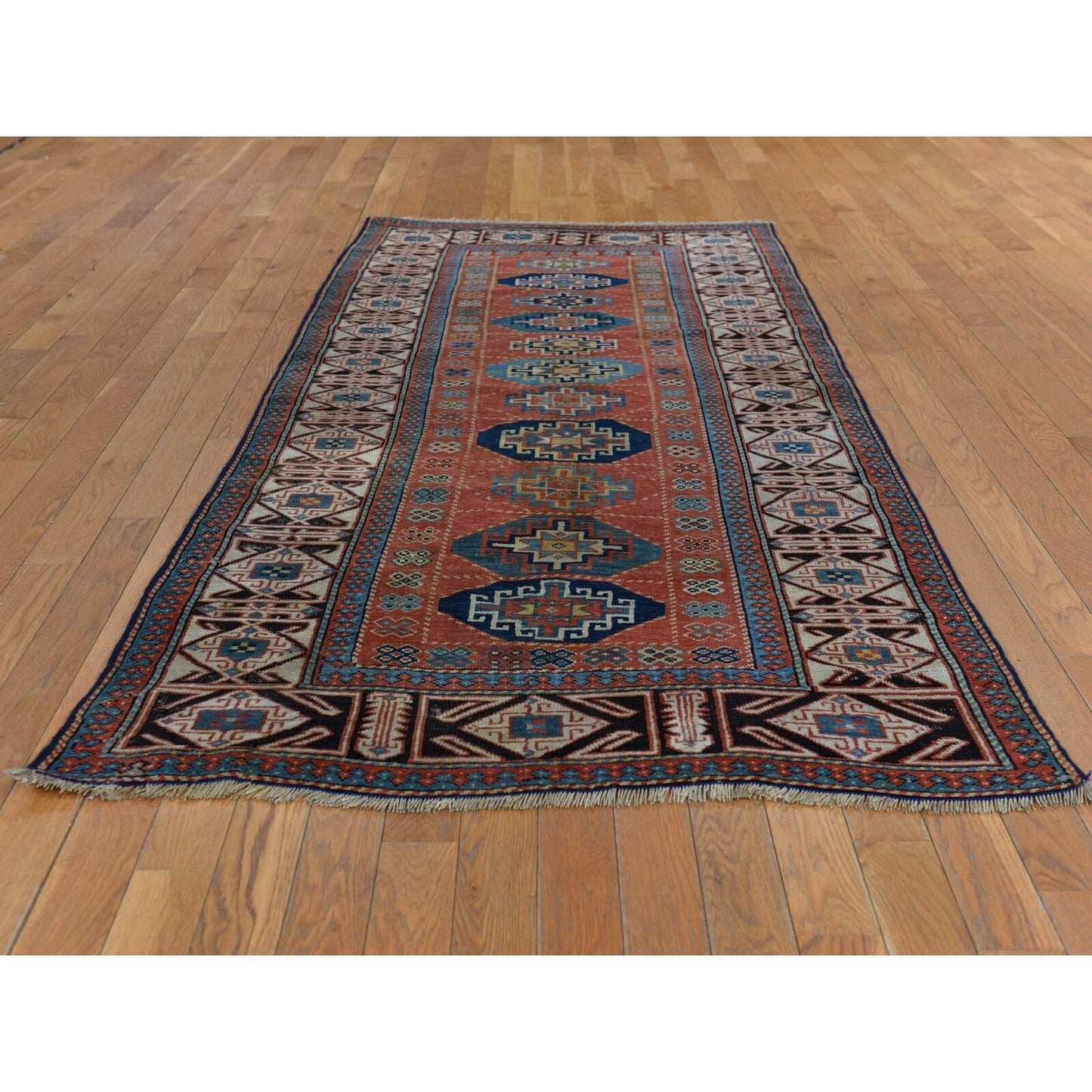 3'9"X8'4" Red Antique Caucasian Mogan Kazak Wool Hand Knotted Runner Rug