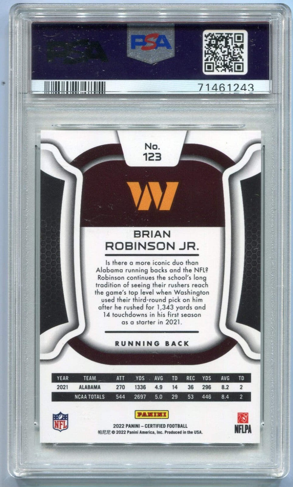 Brian Robinson Jr 2022 Panini Certified Mirror Gold Rc #123 25/25 Psa Graded 9