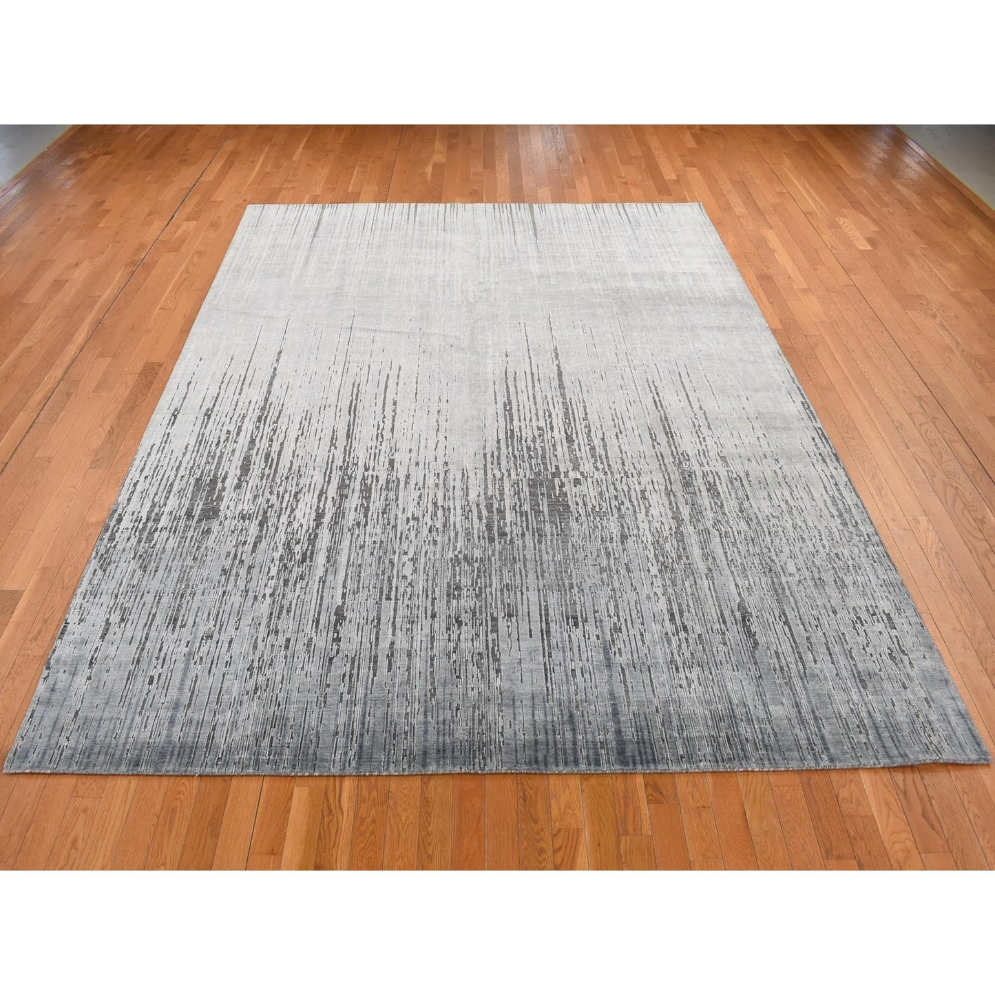 9'X11'10" Medium Gray Vertical Ombre Design Pure Silk Hand Knotted Rug