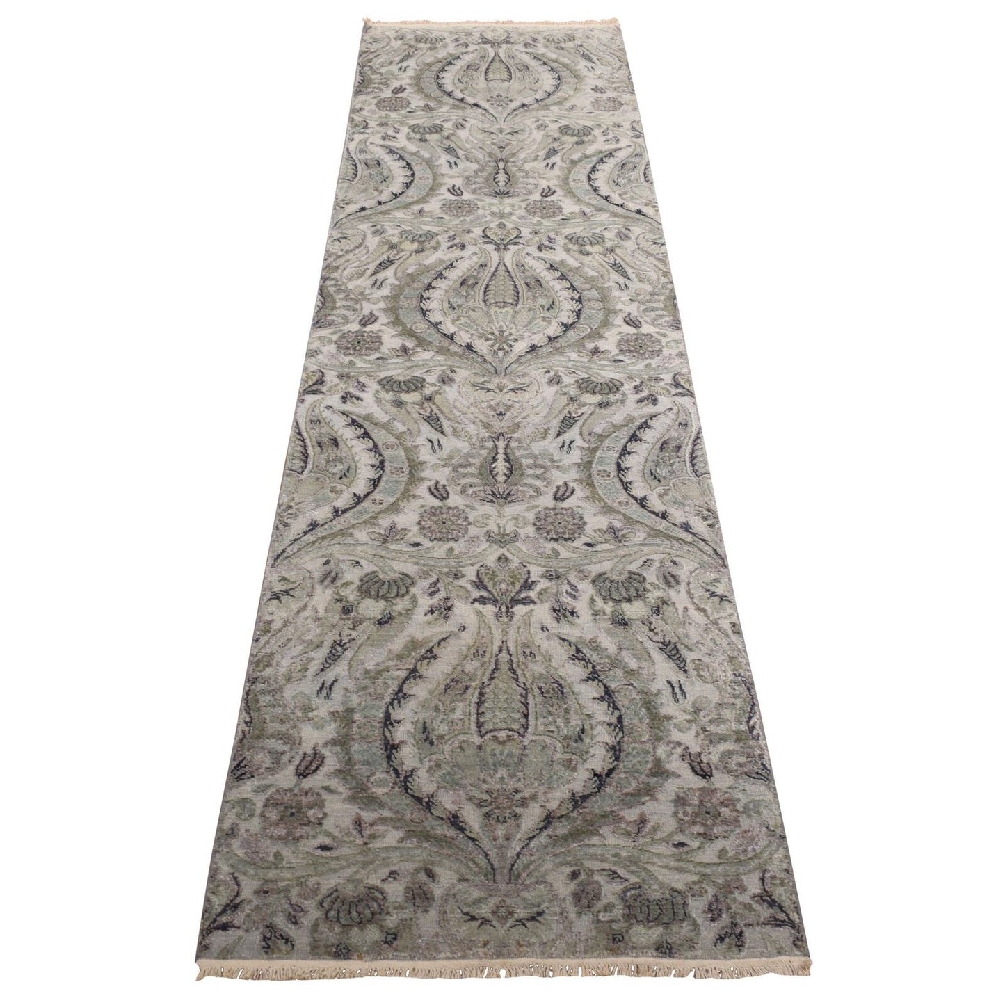 3'X11'10" Mist Gray Flower Design Silk With Wool Hand Knotted Runner Rug