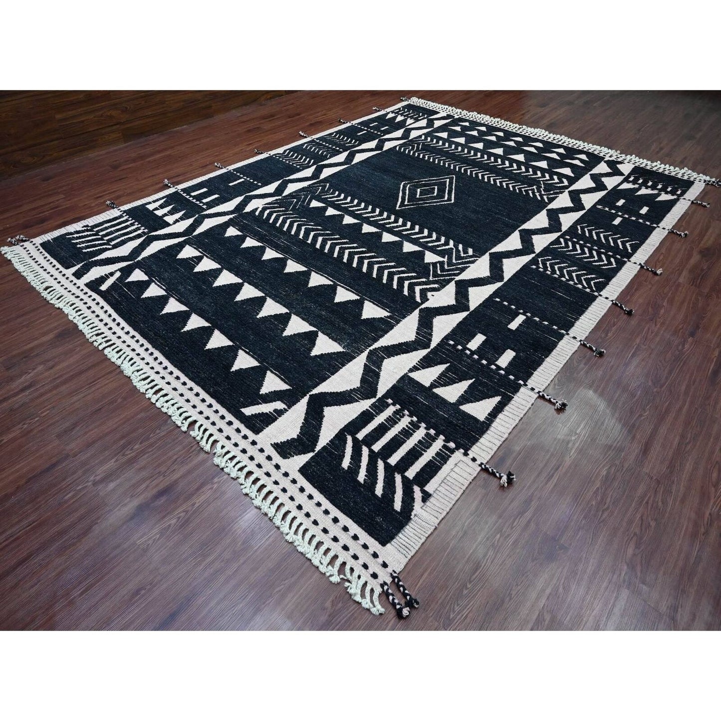 9'4"X12'10" Black Hand Knotted Moroccan Weave Ethnic Design Soft Wool Rug