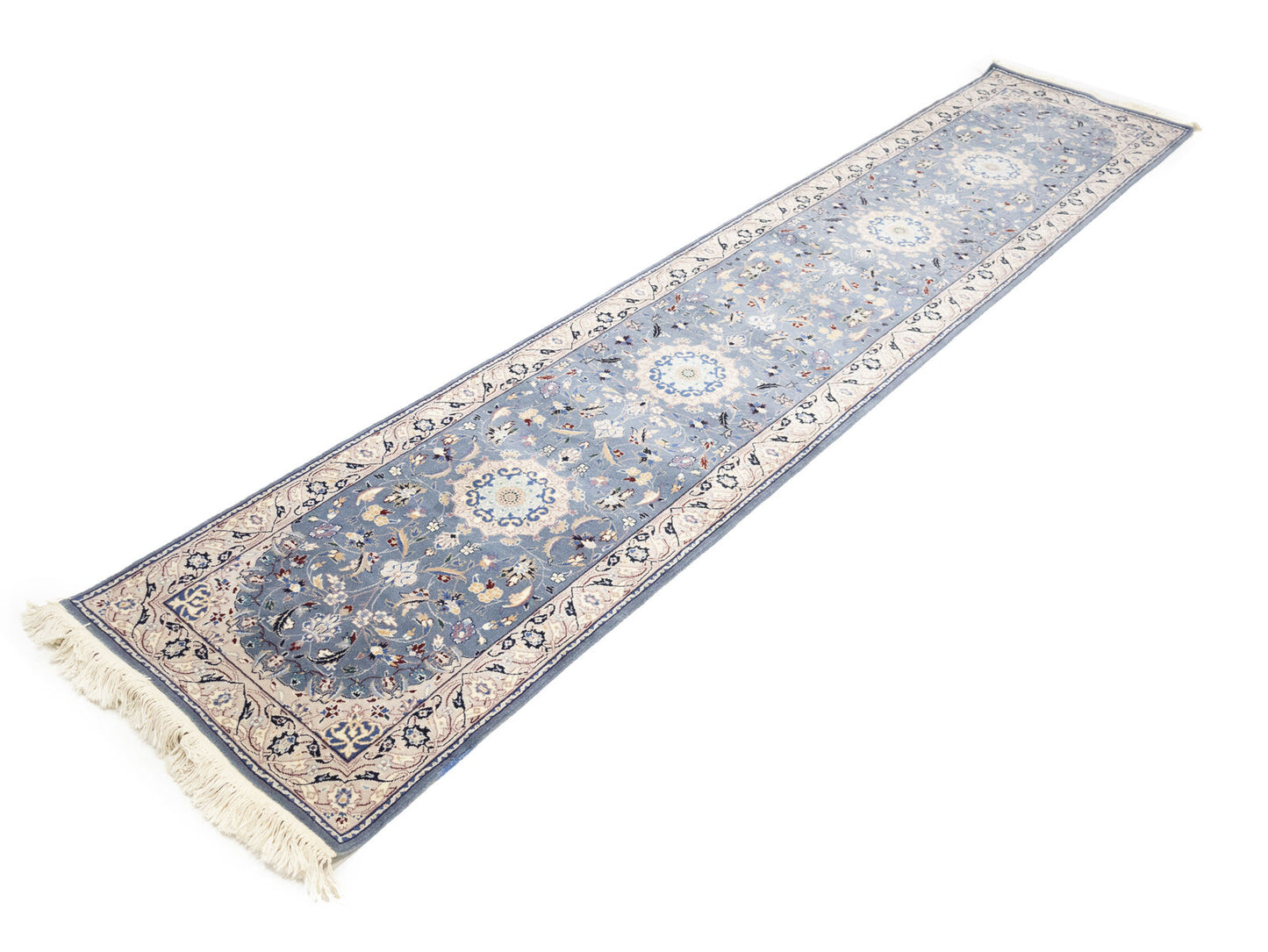 Blue-Gray Indo-Nain Wool Runner Rug Floral