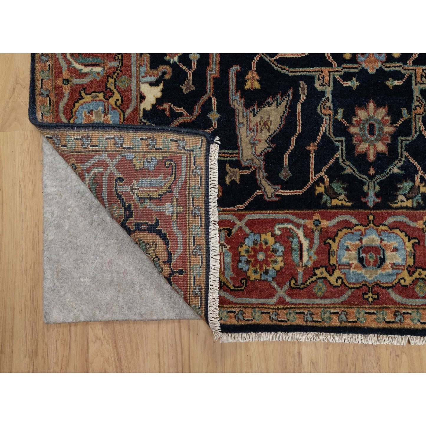 4'2"X12'2" Navy Antiqued Heris Re-Creation Hand Knotted Wool Runner Rug
