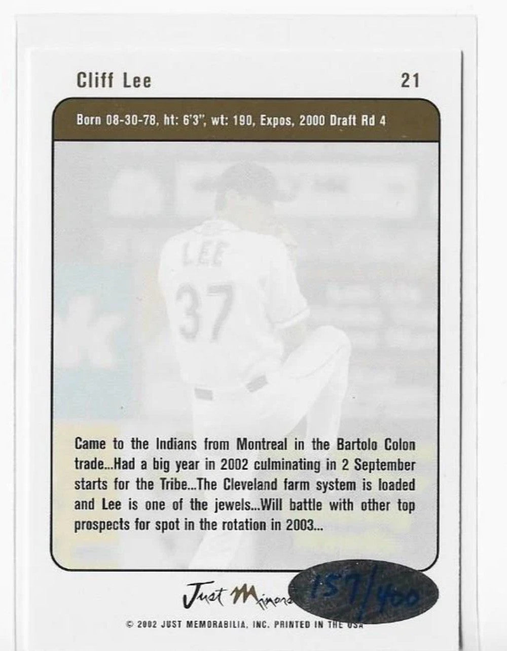 Cliff Lee 2002 Just Minors #21 (157/400) Autograph/Signed Card