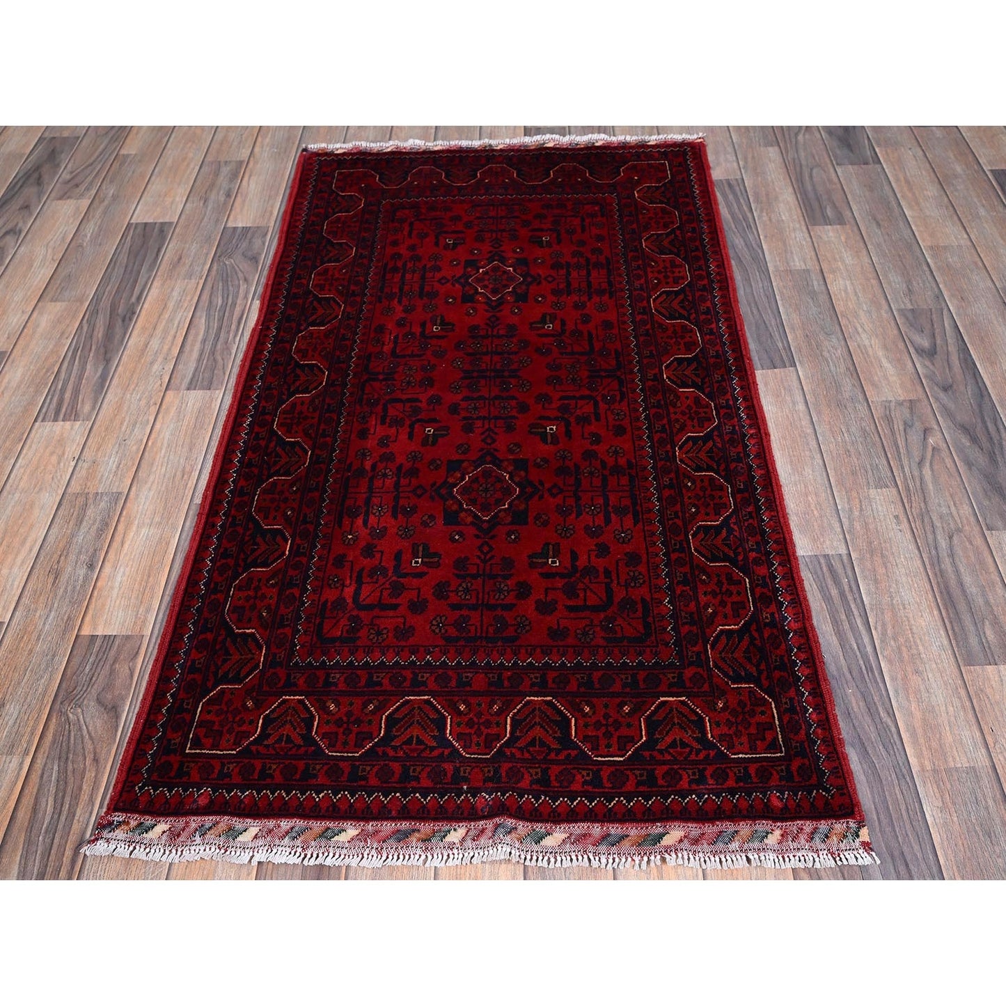 2'9"X5' Red Afghan Khamyab Geometric Pattern Hand Knotted Soft Wool Rug