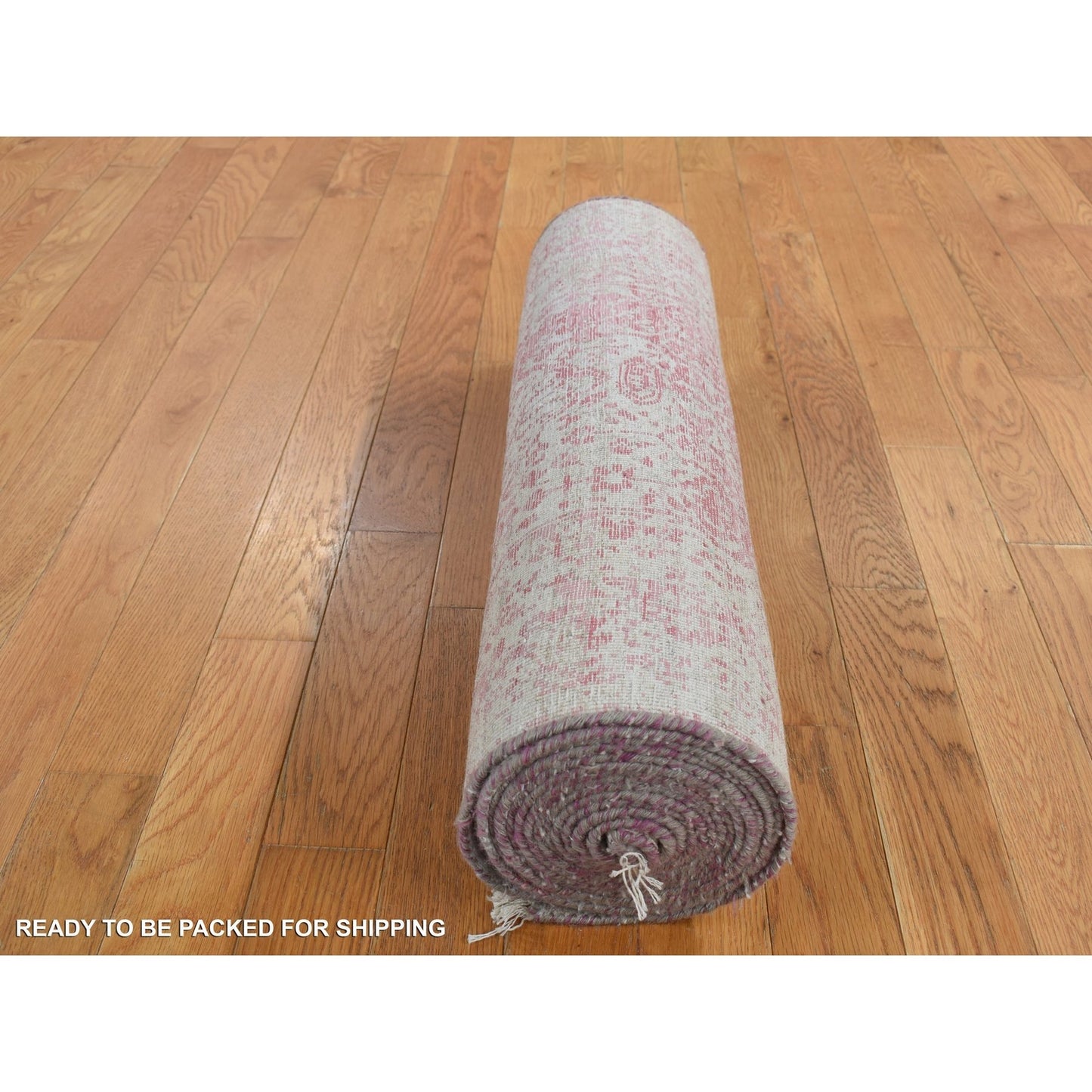 2'5"X15'7" Pink Zoroastrian Design Wool,Pure Silk Hand Knotted Runner Rug