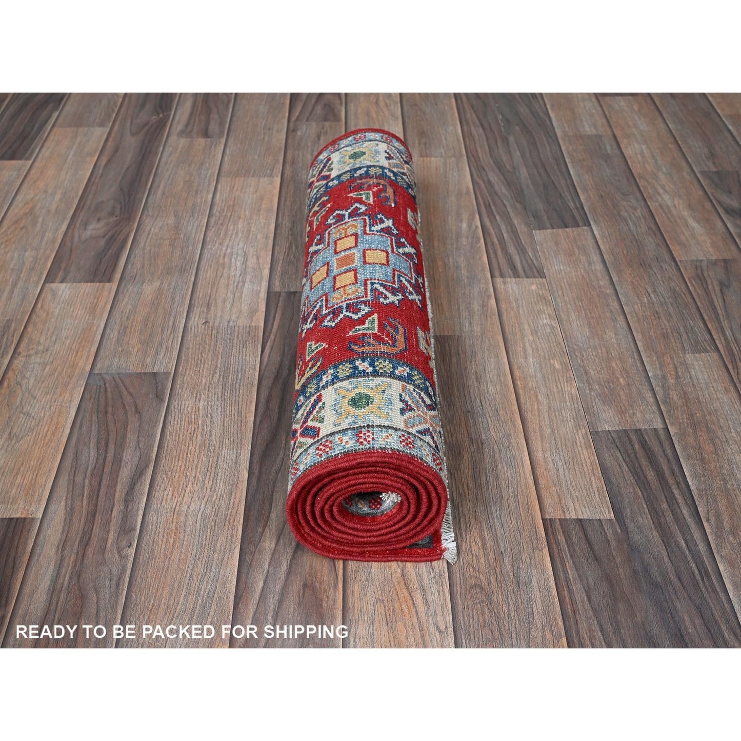 2'X5'9" Red Kazak With Medallions Design Hand Knotted Soft Wool Runner Rug