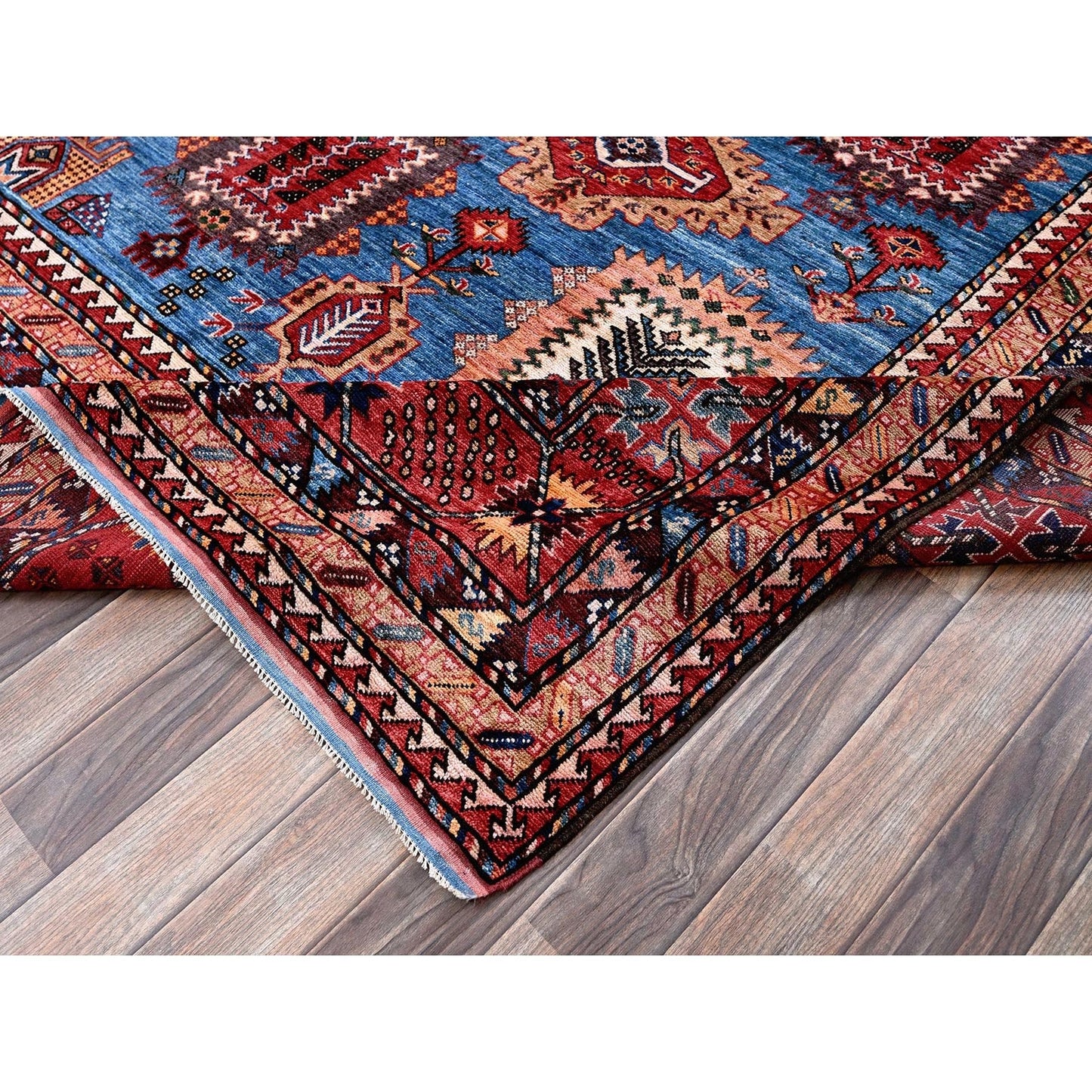 10'X13'6" Blue Afghan Ersari Caucasian Design Revival Hand Knotted Wool Rug