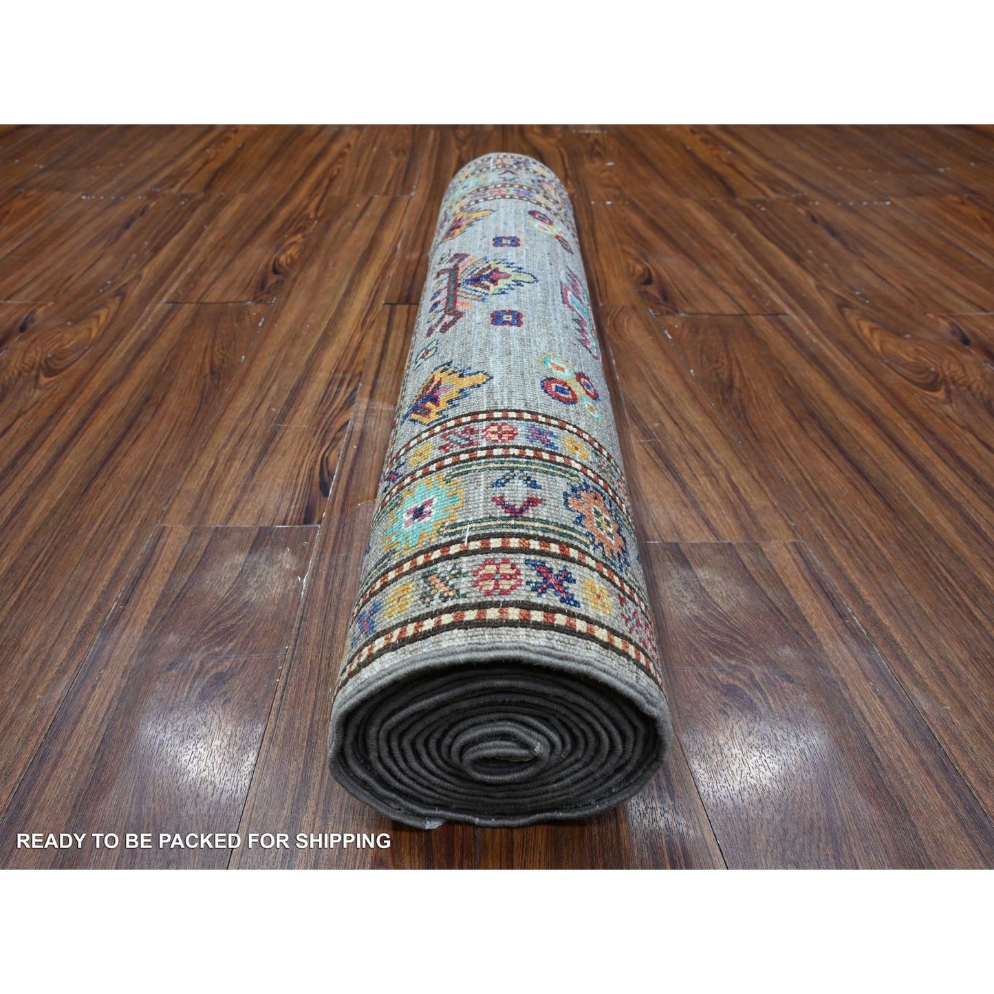 2'8"X13'2" Gray Hand Knotted Super Kazak Colorful Medallions Runner Rug