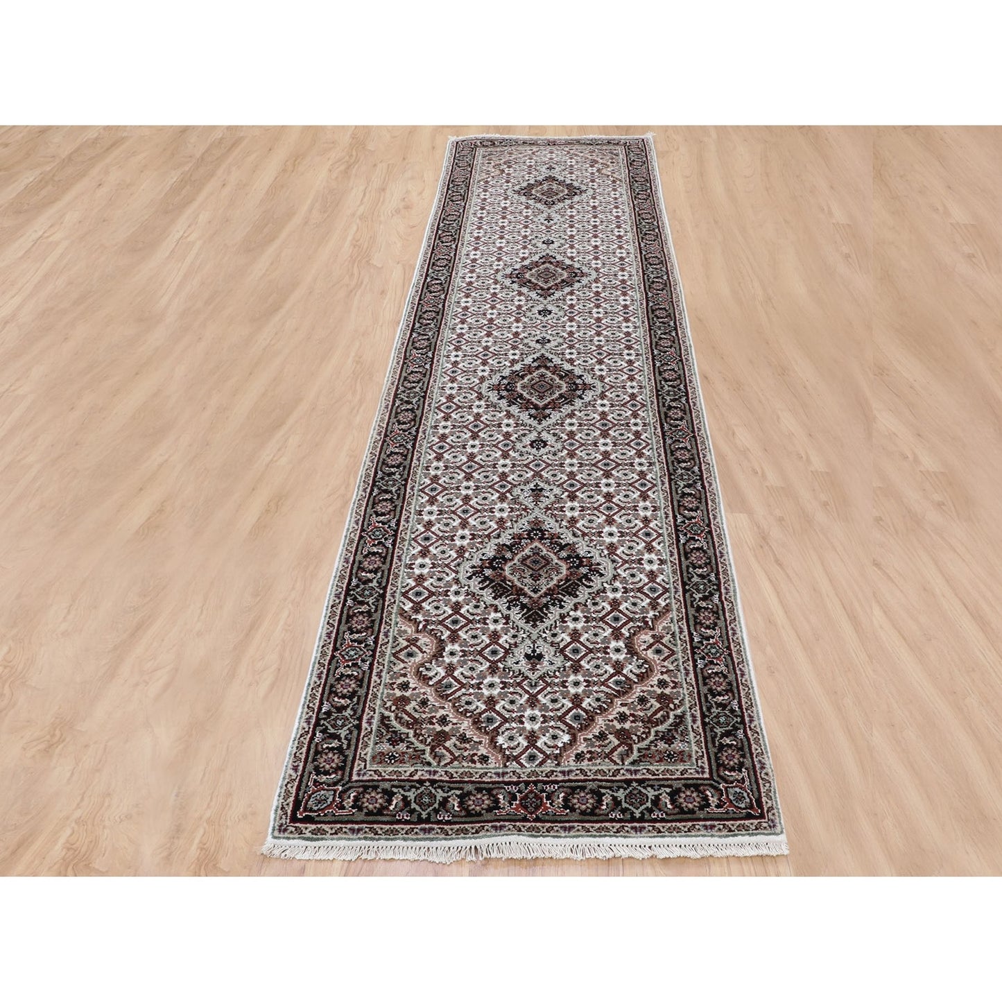 2'8"X10'1" Ivory Mahi Fish Design Wool And Silk Hand Knotted Runner Rug
