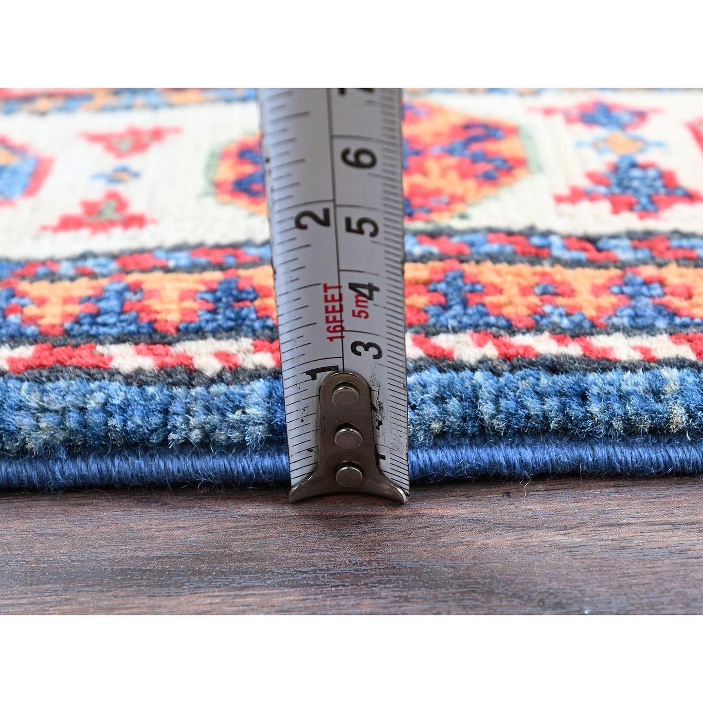 2'8"X4' Blue Kazak With Tribal Design Hand Knotted Soft Wool Sample Rug