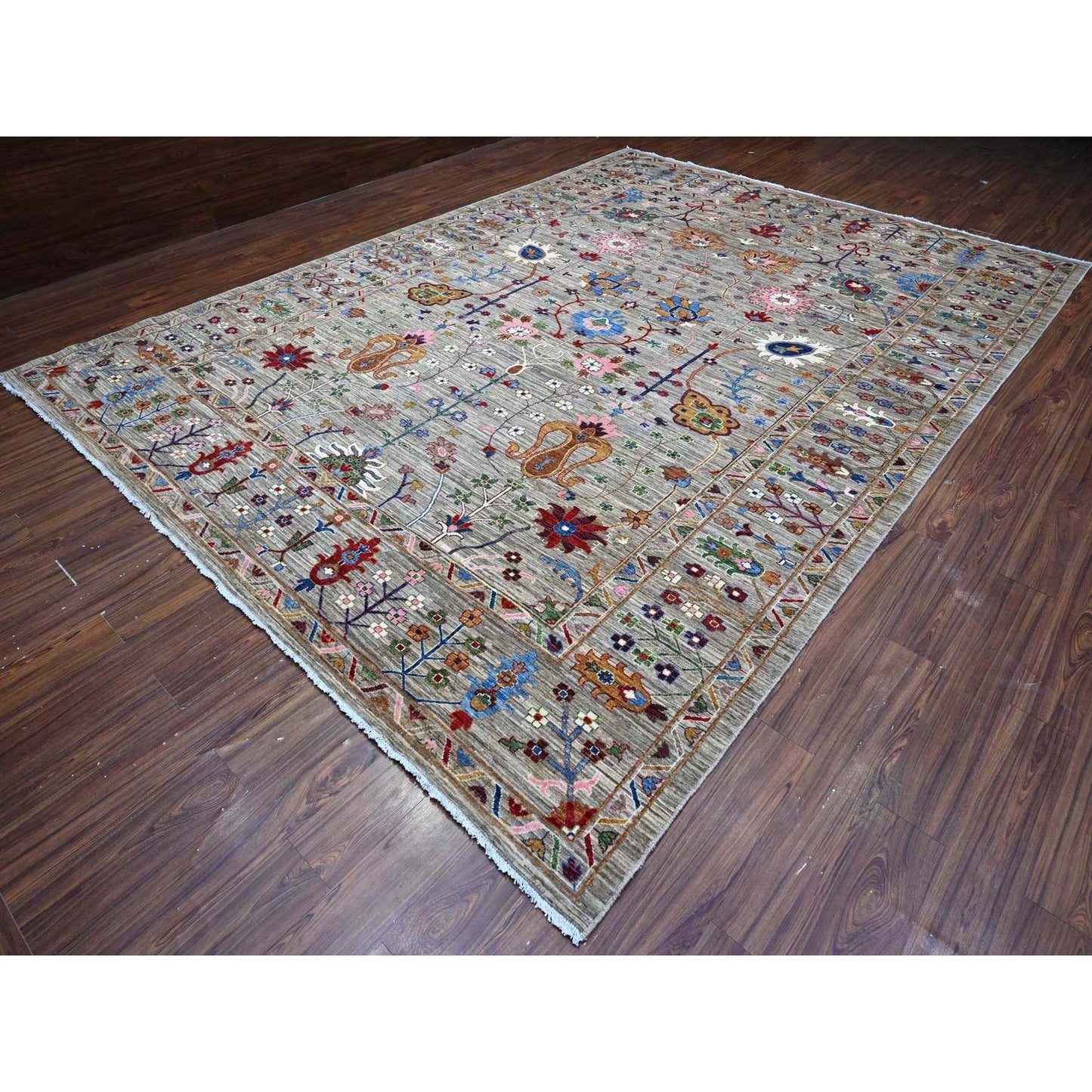 10'X13'8" Storm Gray Hand Knotted Sultani Floral Pattern Oriental Rug