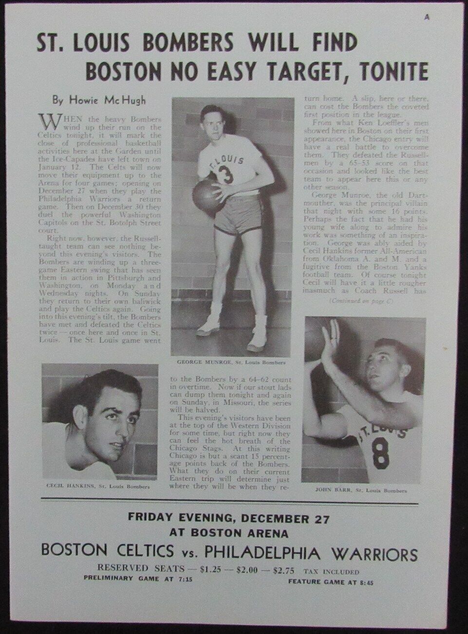 Vintage 1946 Boston Celtics Vs. St. Louis Bombers