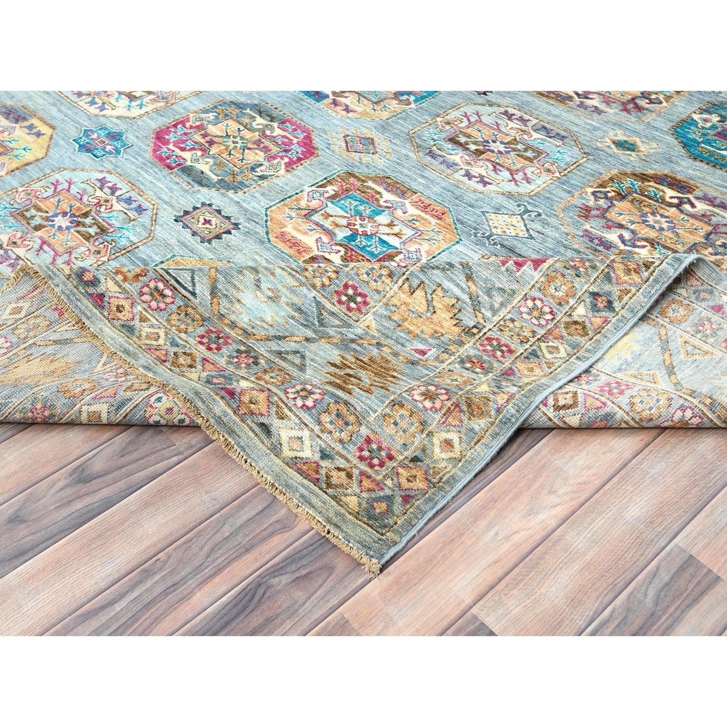 8'8"X11'9" Light Blue Soft Wool Hand Knotted Afghan Super Kazak Rug
