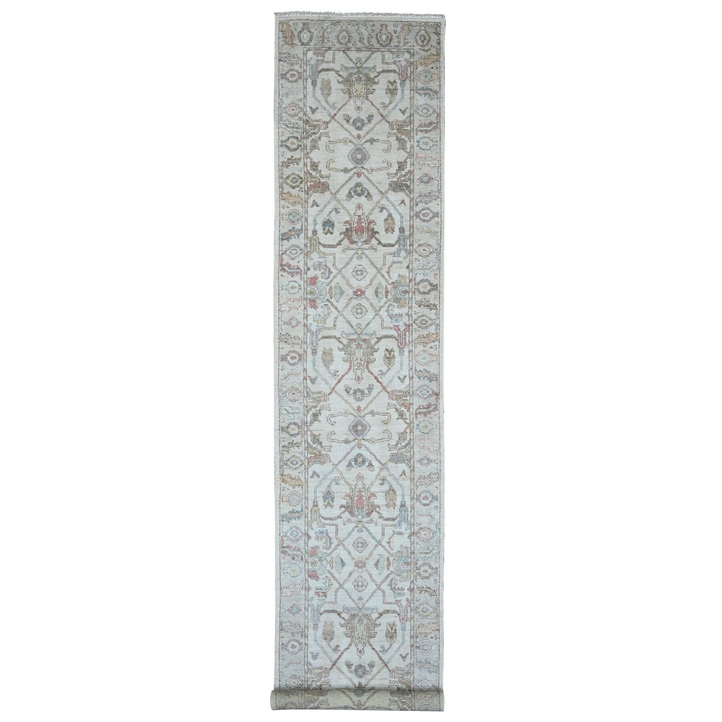 3'X15'9" White Afghan Angora Oushak Pure Wool Hand Knotted Runner Rug