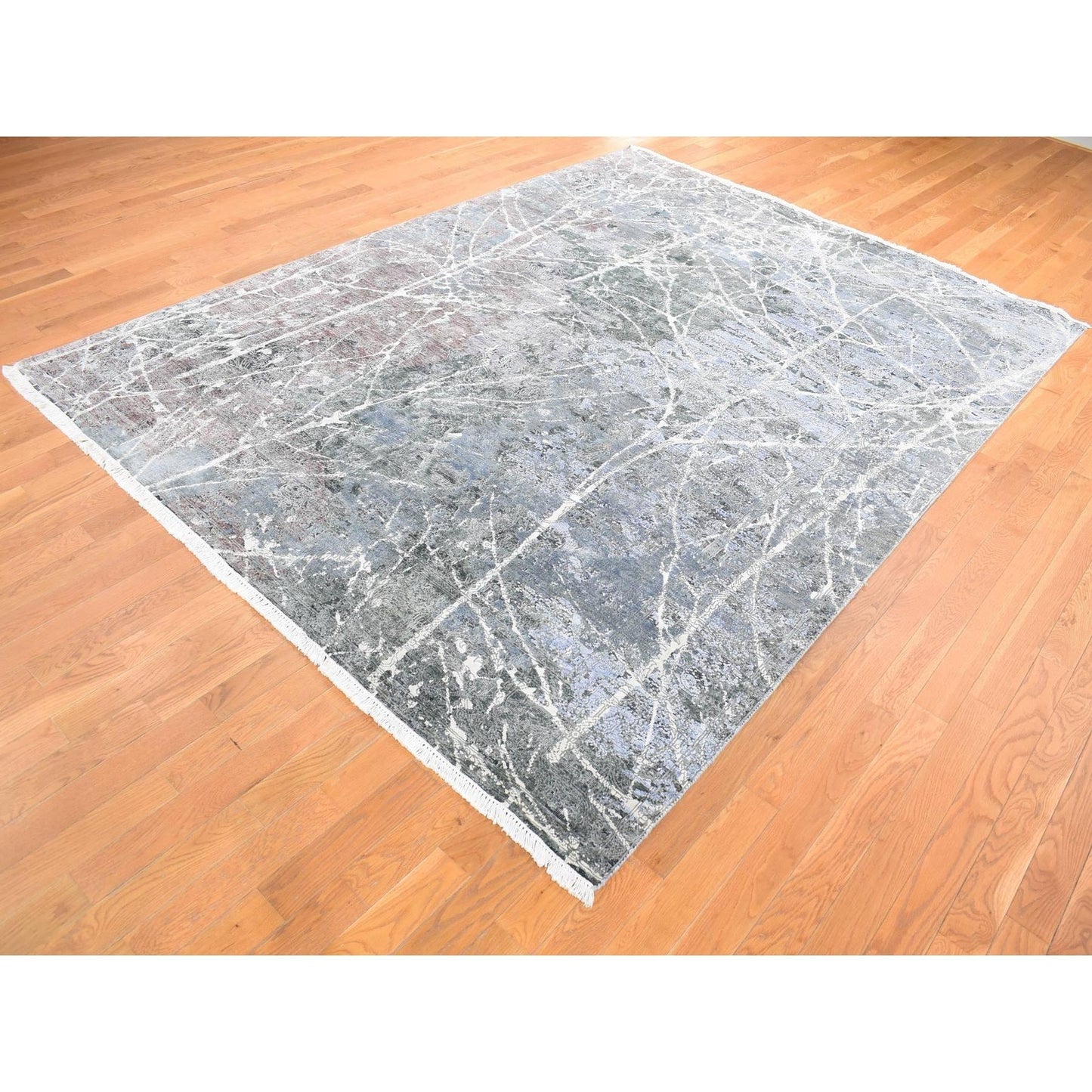 7'7"X10'1" Gray Hand Knotted Broken Zoroastrian Design Silk With Wool Rug