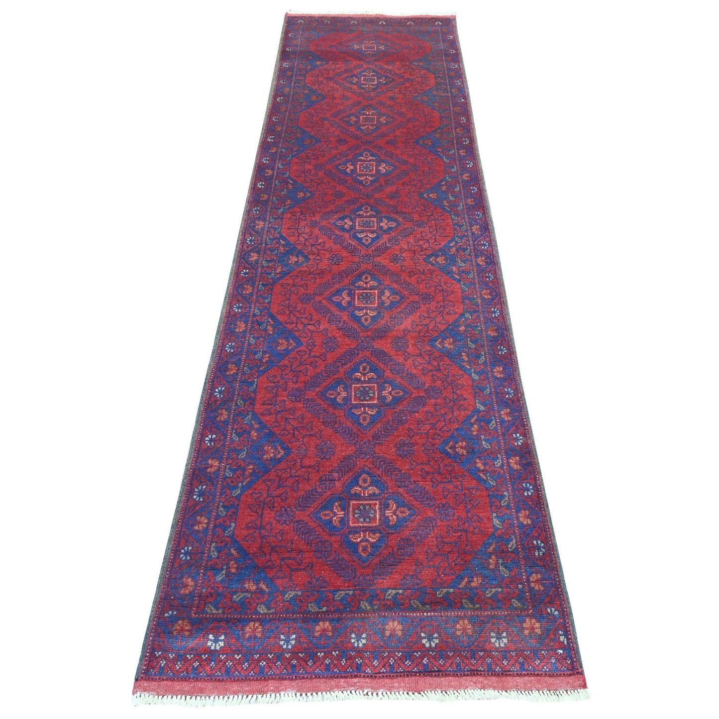 2'7"X9'8" Red Andkhoy Geometric Design Pure Wool Hand Knotted Runner Rug