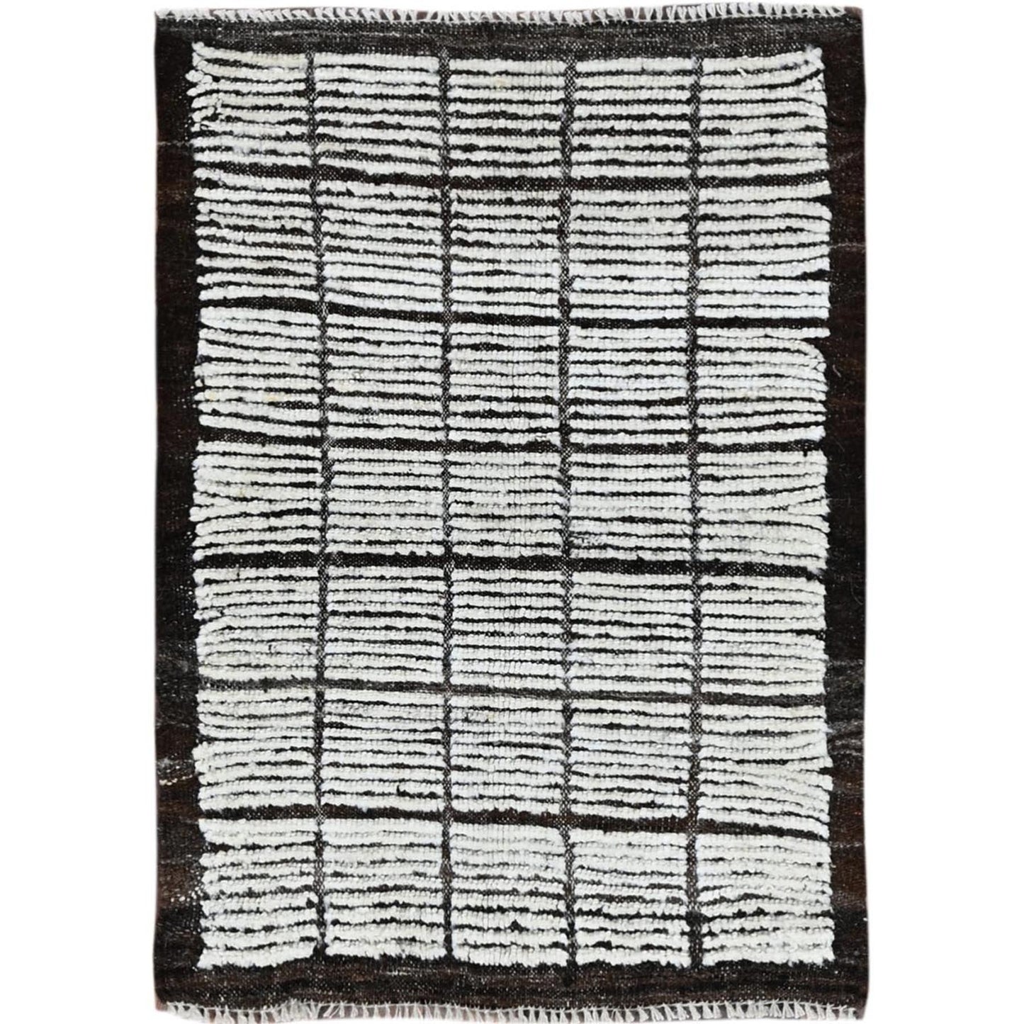 2'1"X3' White Moroccan Weave With Box Design Pure Wool Hand Knotted Rug