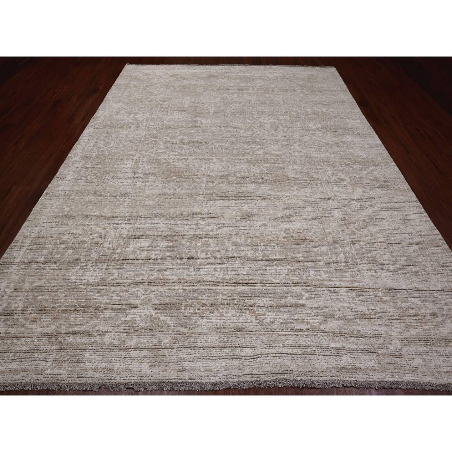 9'X12' Light Brown Moroccan Weave Erased Pattern Hand Knotted Wool Rug