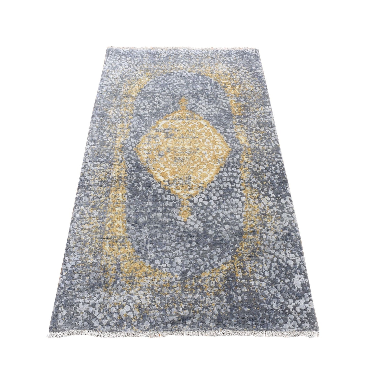 2'10"X6' Gray Broken Zoroastrian Wool And Silk Hand Knotted Runner Rug