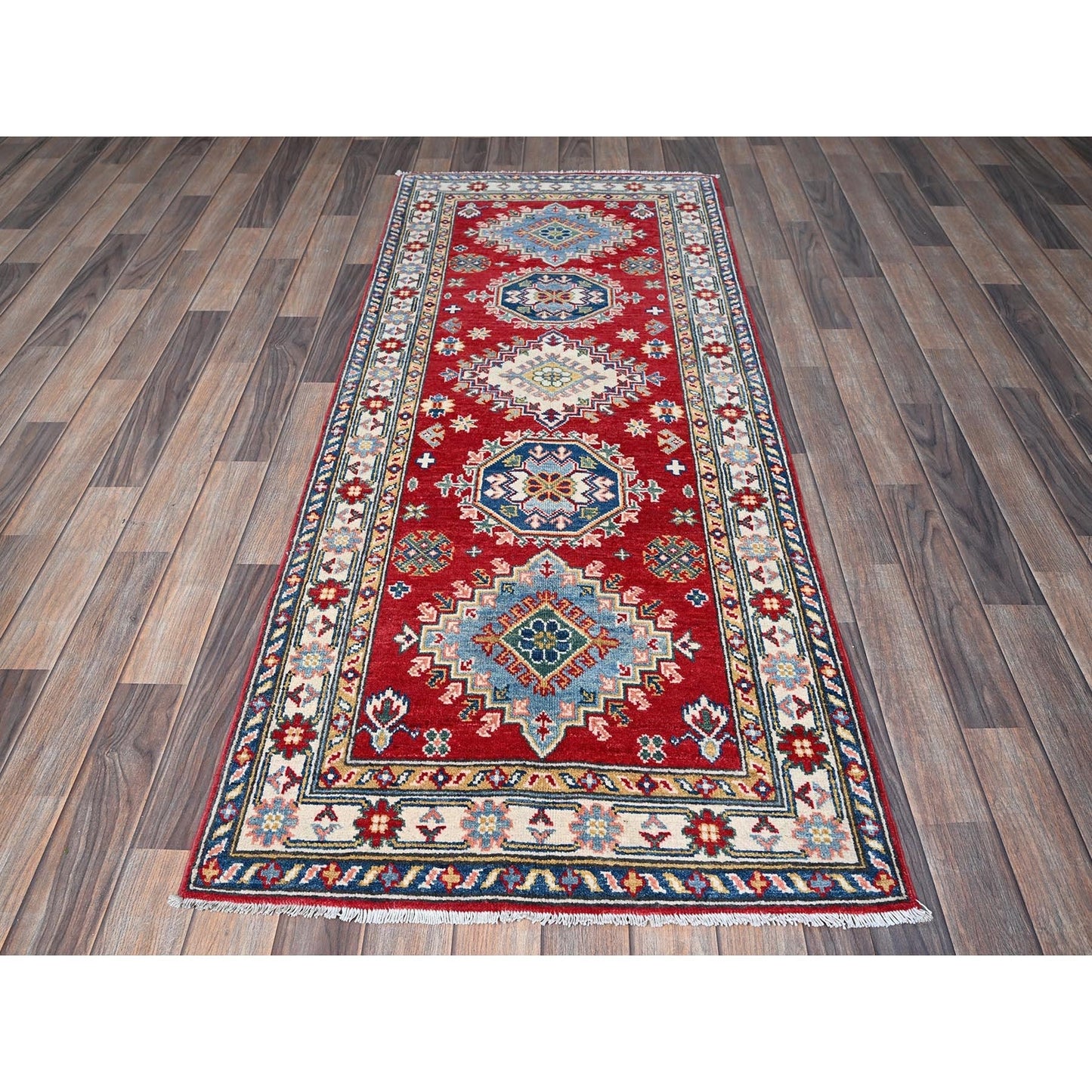 2'9"X6'8" Red Kazak With Medallions Design Hand Knotted All Wool Runner Rug