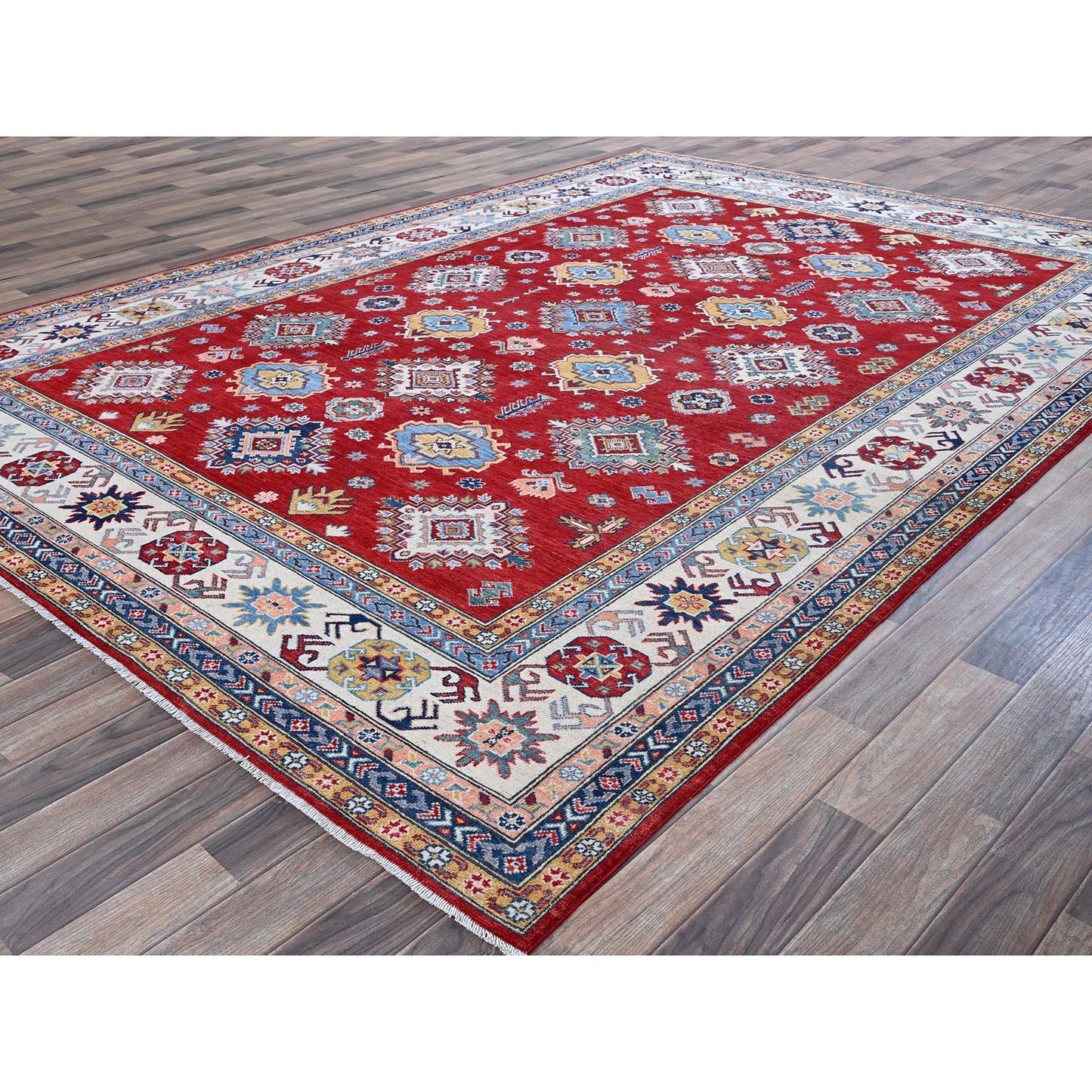 8'X11'3" Chili Red Kazak With Geometric Pattern Hand Knotted Soft Wool Rug