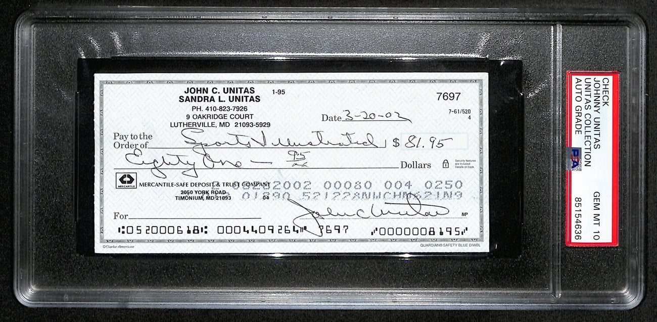 Johnny Unitas Signed 3/20/02 Check Psa/Dna Gem Mt