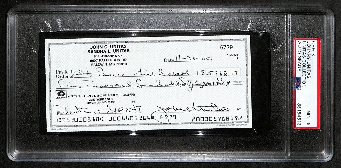 Johnny Unitas Signed 11/20/00 Check Psa/Dna Mint 9 188676