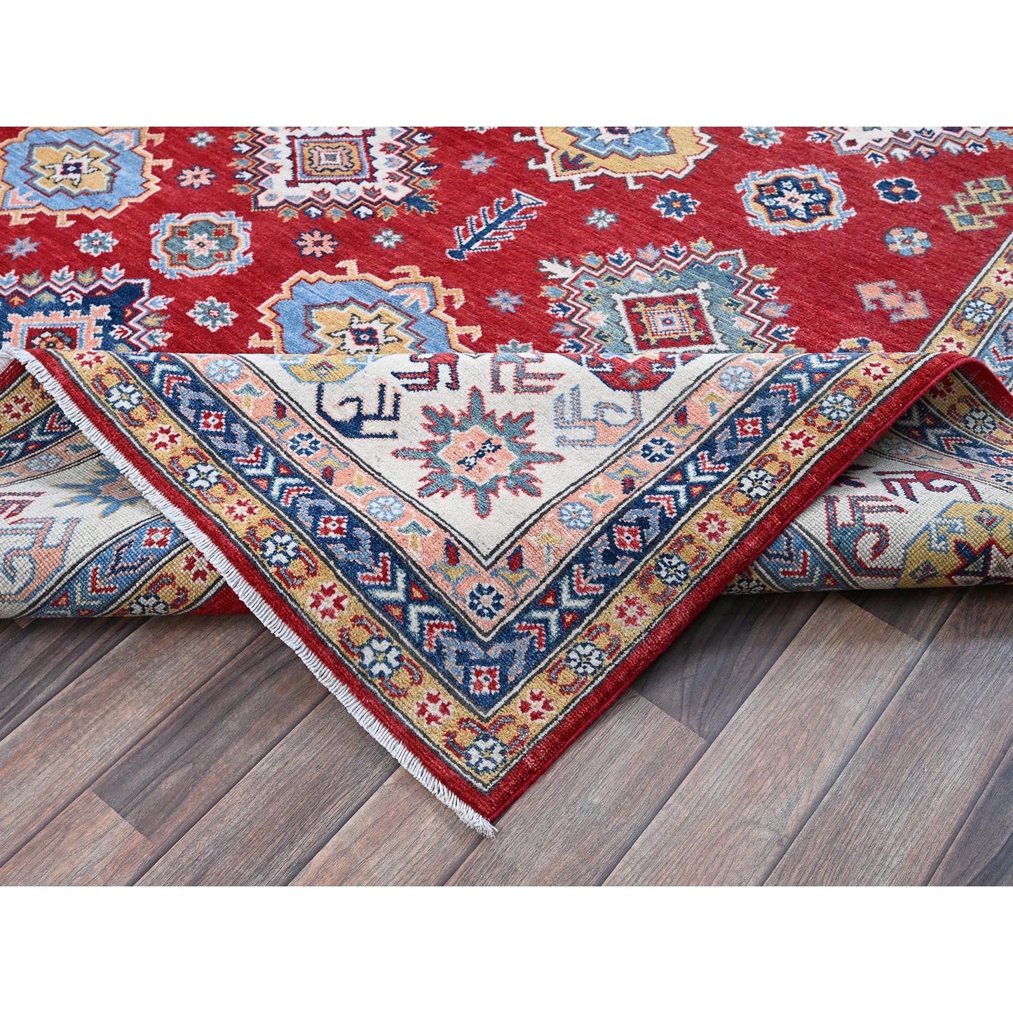 8'X11'3" Chili Red Kazak With Geometric Pattern Hand Knotted Soft Wool Rug