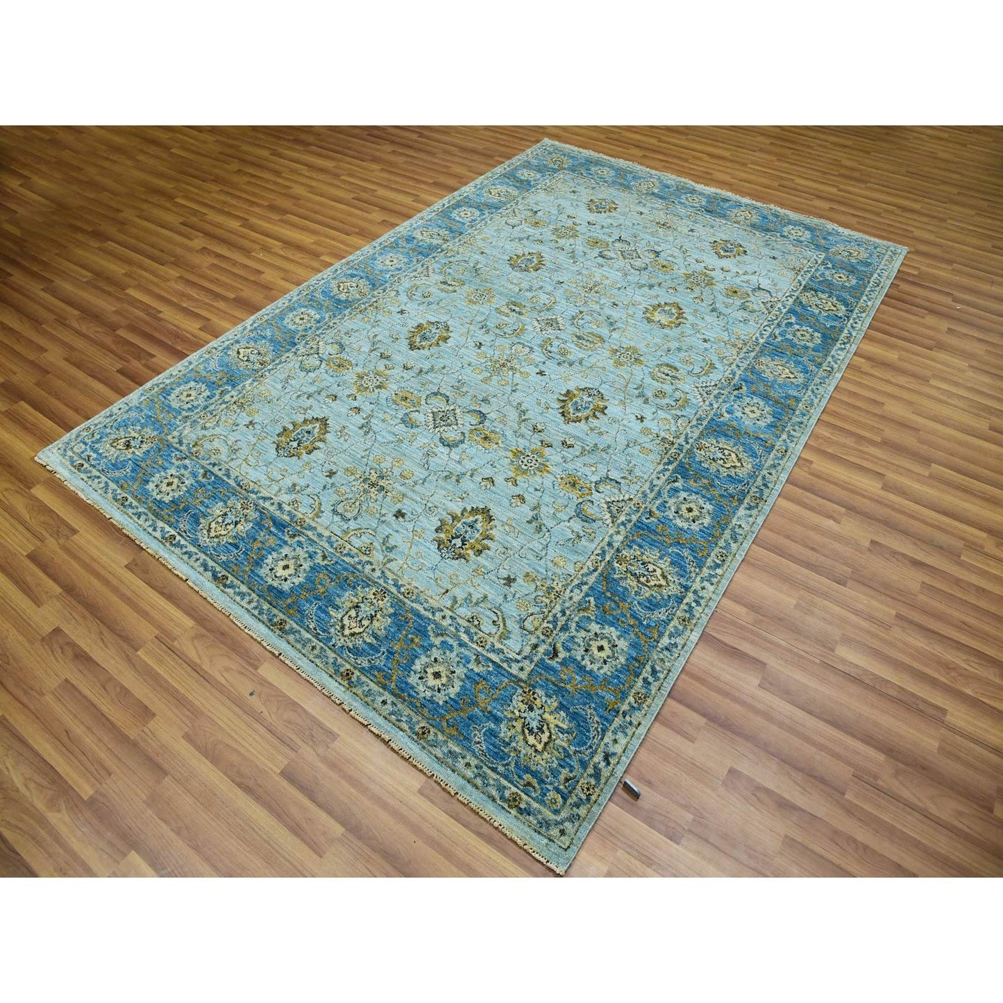 6'1"X9'3" Pale Blue Shah Abbas Flower Hand Knotted Wool Oriental Rug
