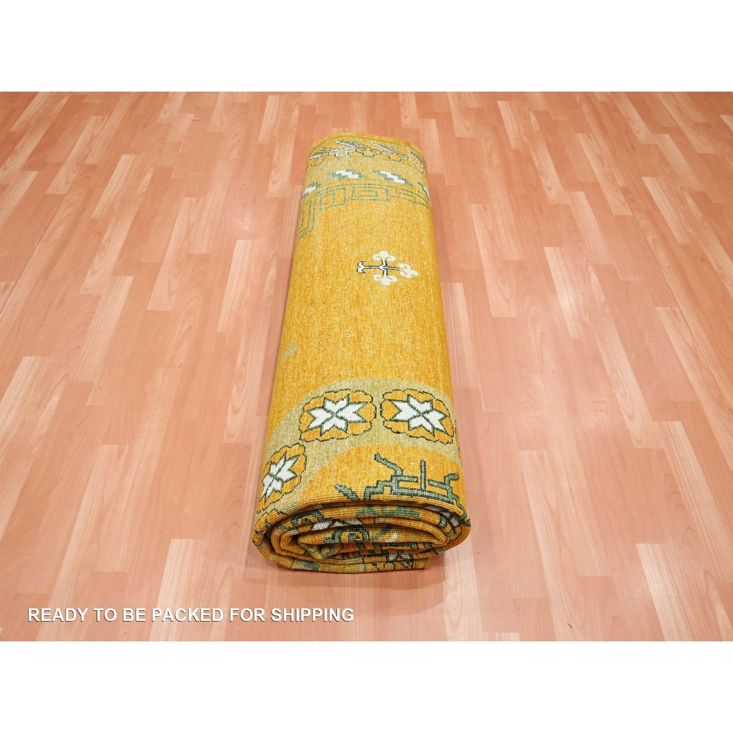 9'X12'4" Golden Yellow Khotan Design Hand Knotted 100% Wool Oriental Rug