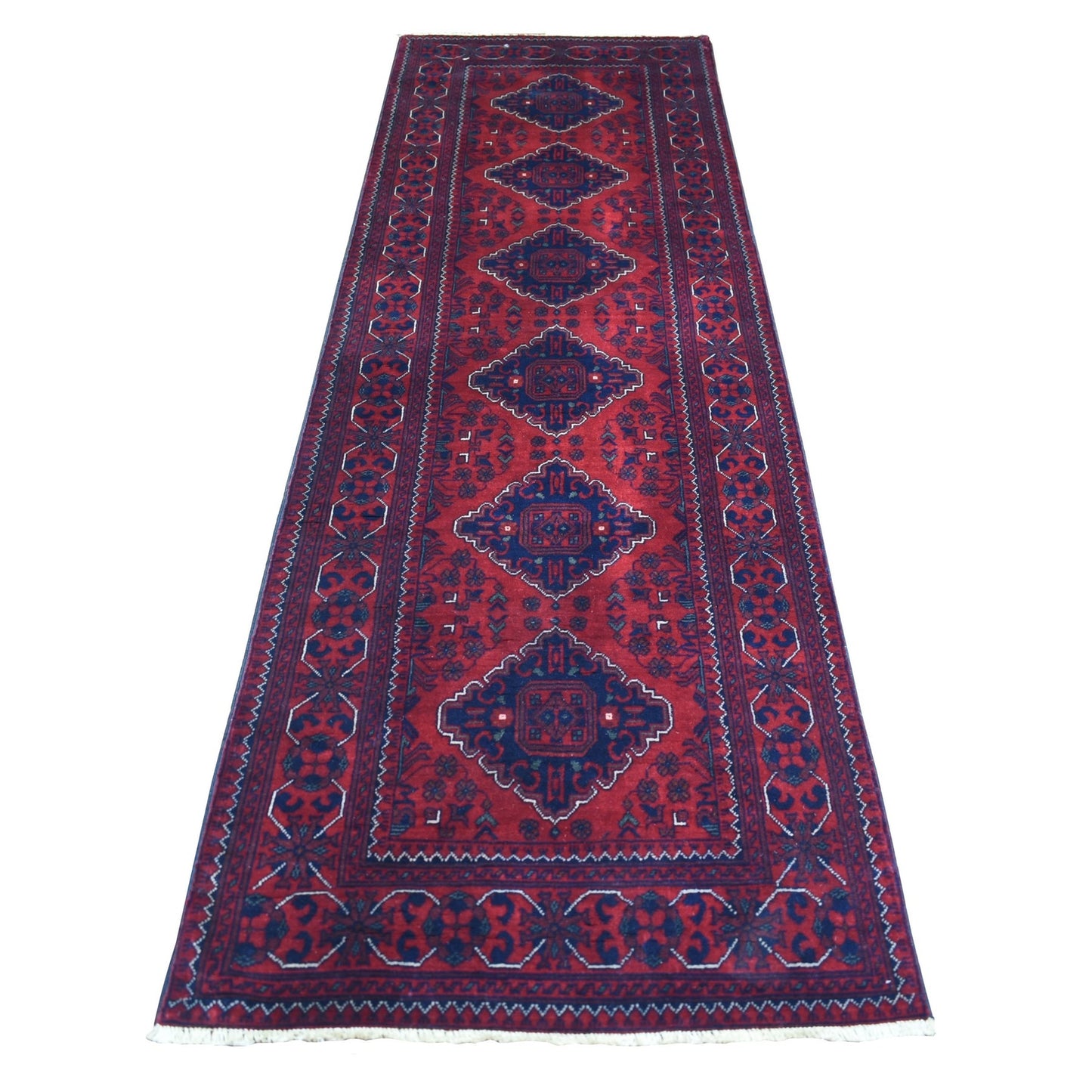 3'X9'6" Deep Red Shiny Wool Hand Knotted Afghan Khamyab Runner Rug