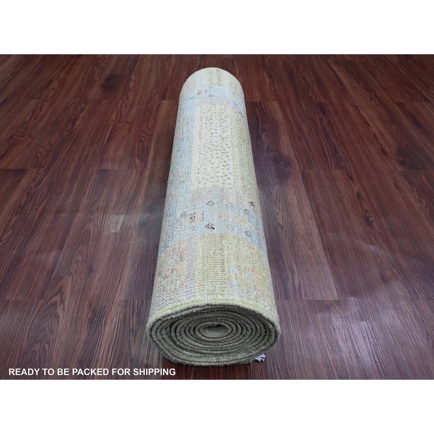 2'8"X14'8" Green Kashkuli Animal Figurines Wool Hand Knotted Runner Rug