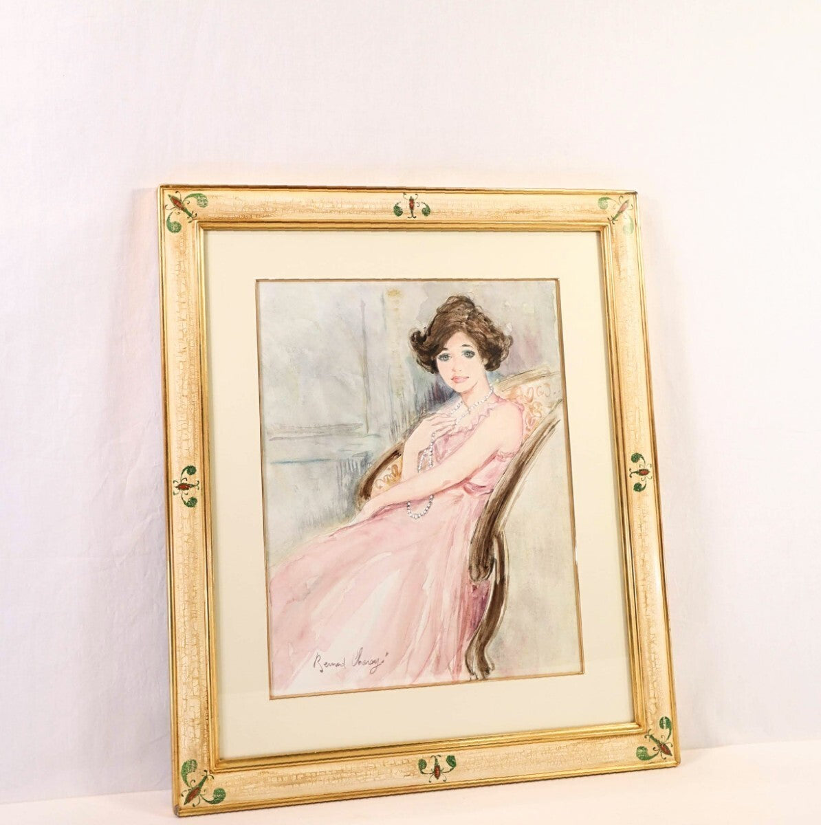 Bernard Charoy Original Watercolor Painting "Lady In Pink Dress" Signed French