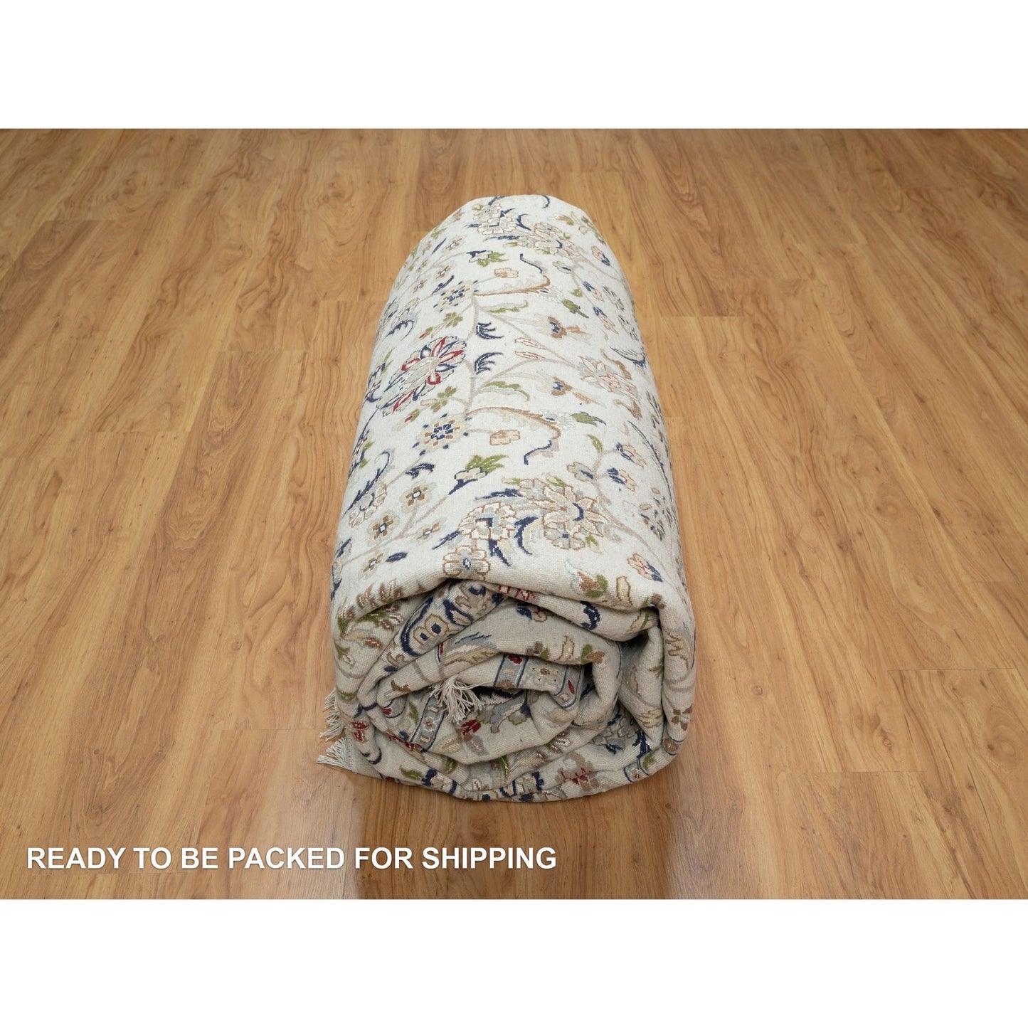 9'X12'1" White Hand Knotted Nain Flower Design Wool And Silk 250 Kpsi Rug
