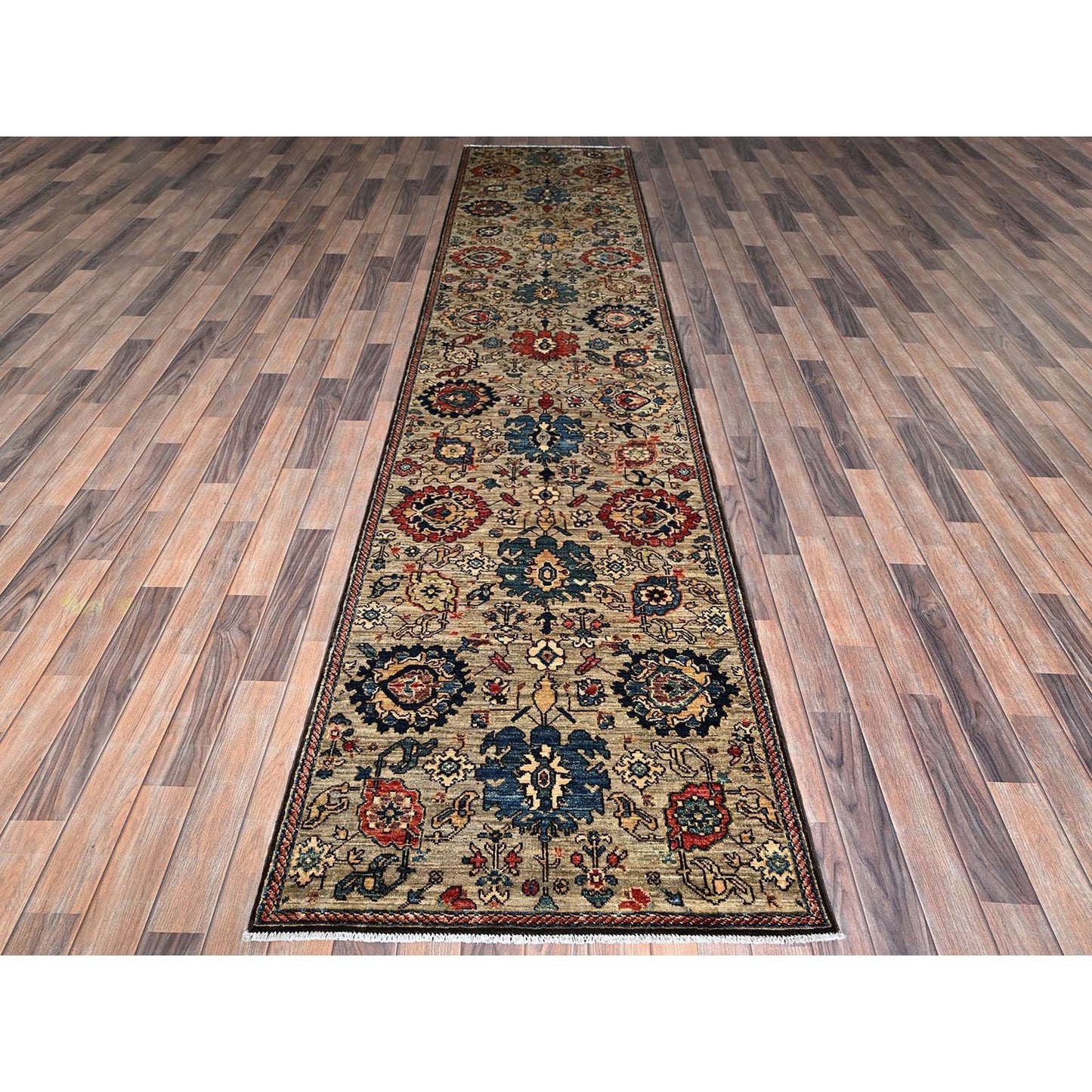 3'X13'10" Tan Brown All Over Design Soft Wool Hand Knotted Runner Rug