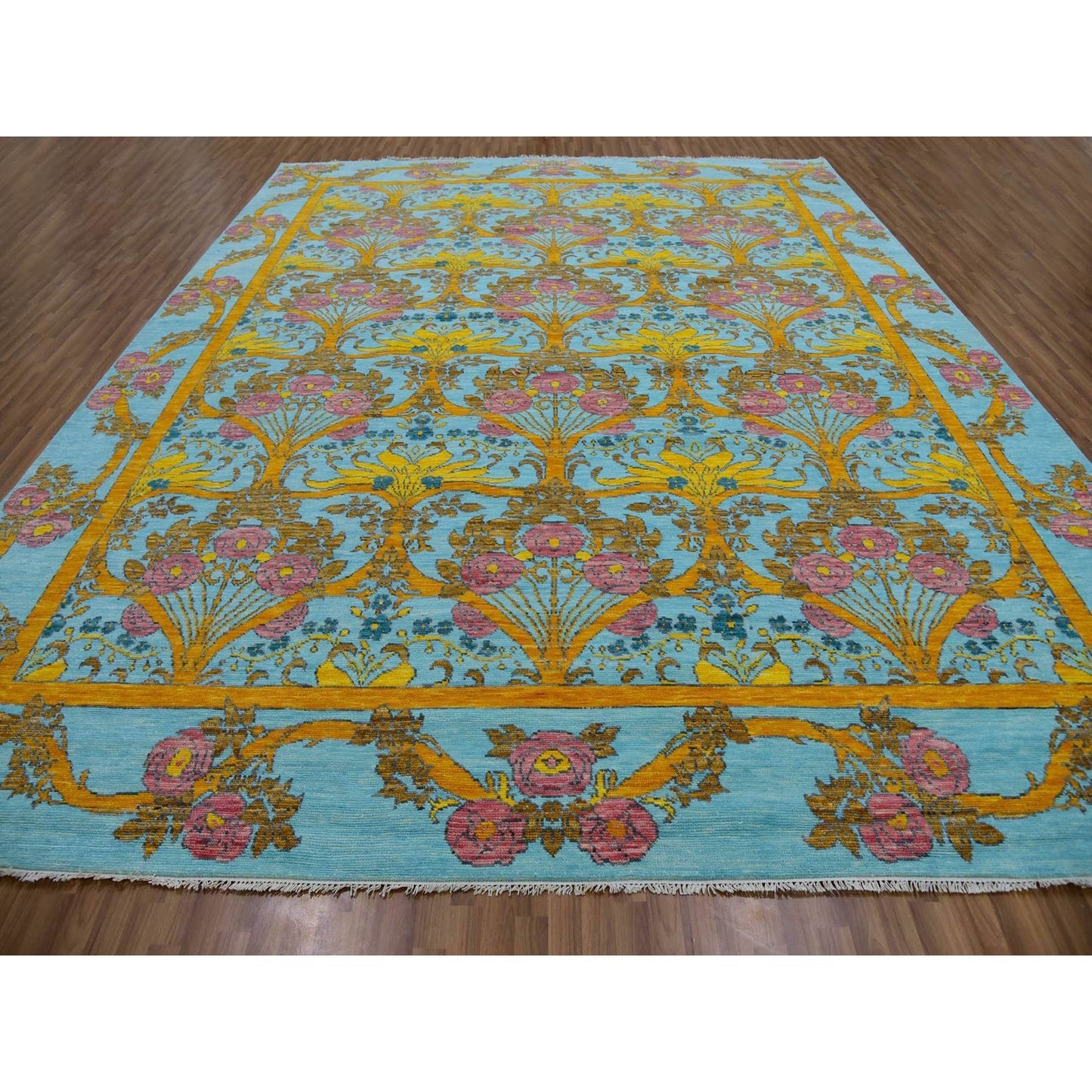 Powder Blue Arts And Craft 100% Wool Hand Knotted Oversized Oriental Rug