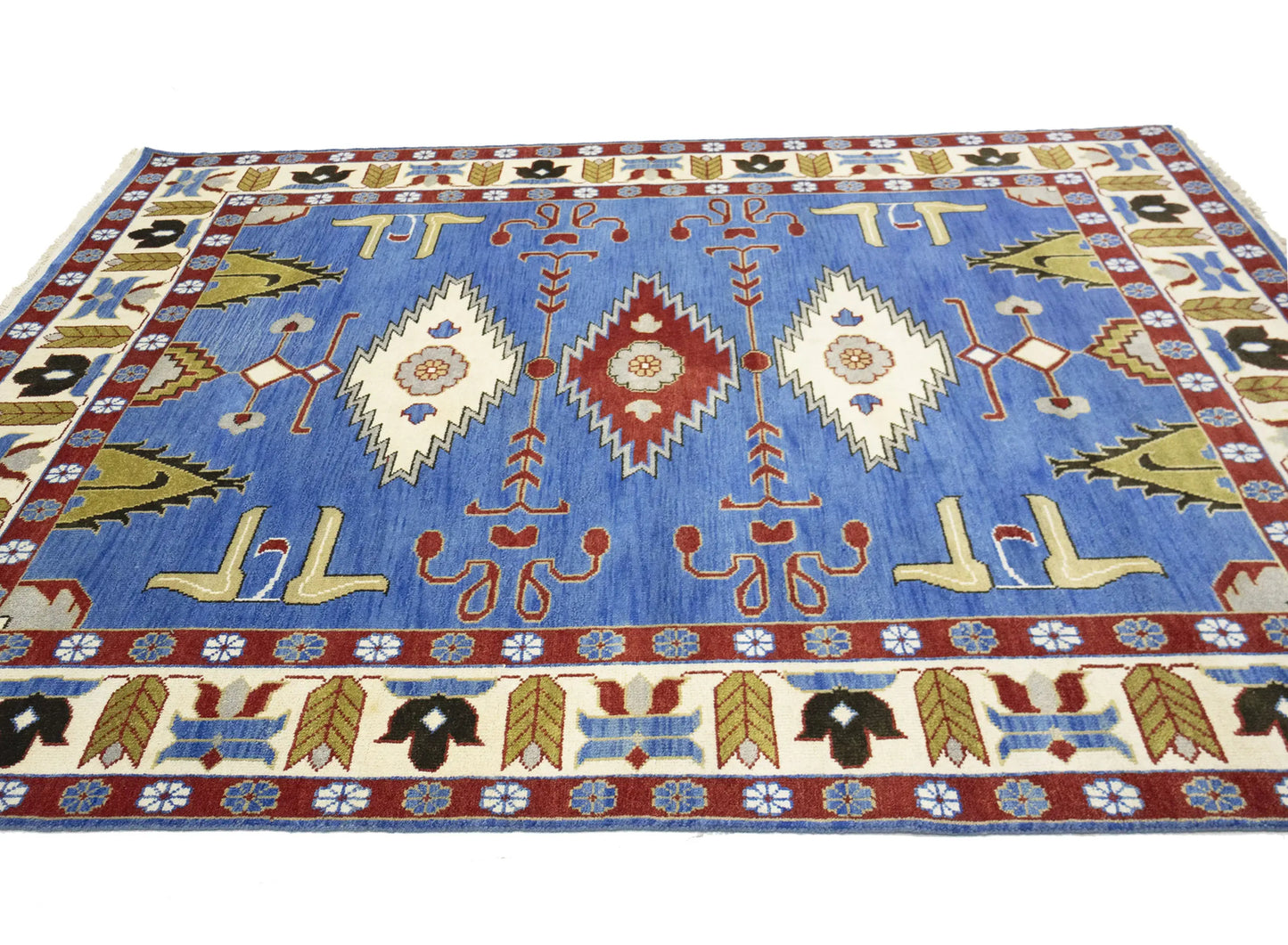 Farmho Boho Blue Geometric Kazak Oriental Rug