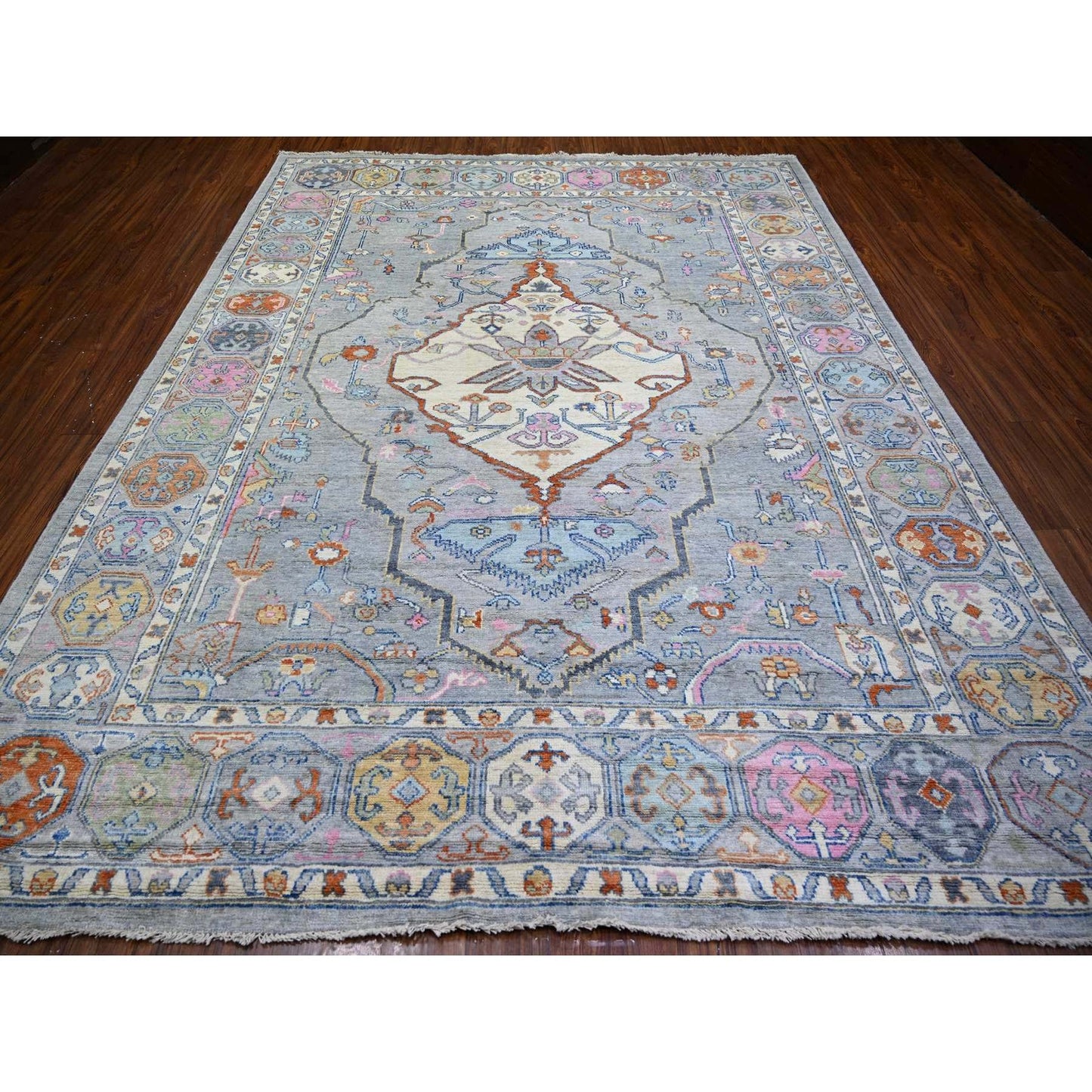 9'X11'6" Cloud Gray Anatolian Village Inspired Wool Hand Knotted Rug