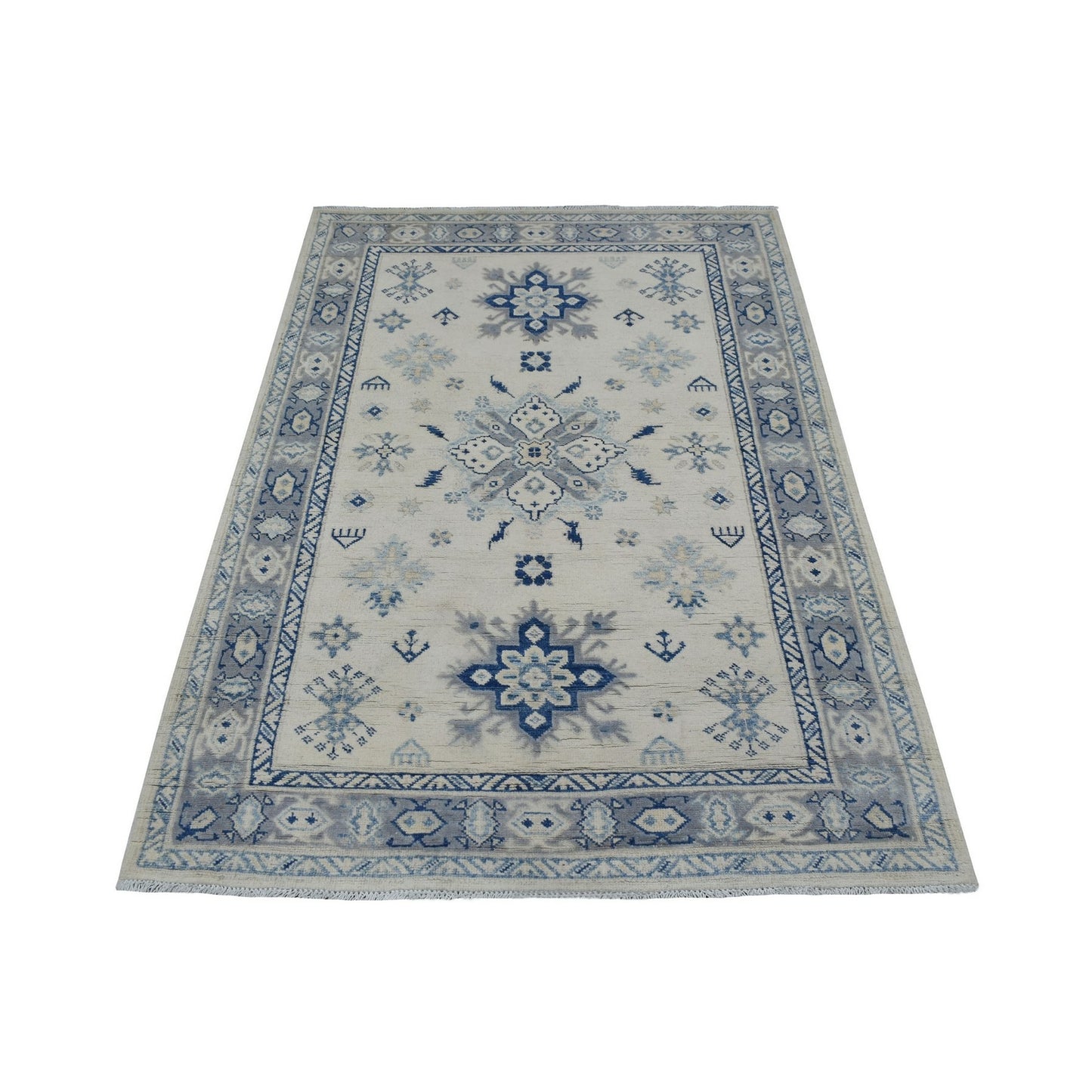 3'9"X5'9" Ivory Vintage Look Kazak Organic Wool Hand Knotted Rug