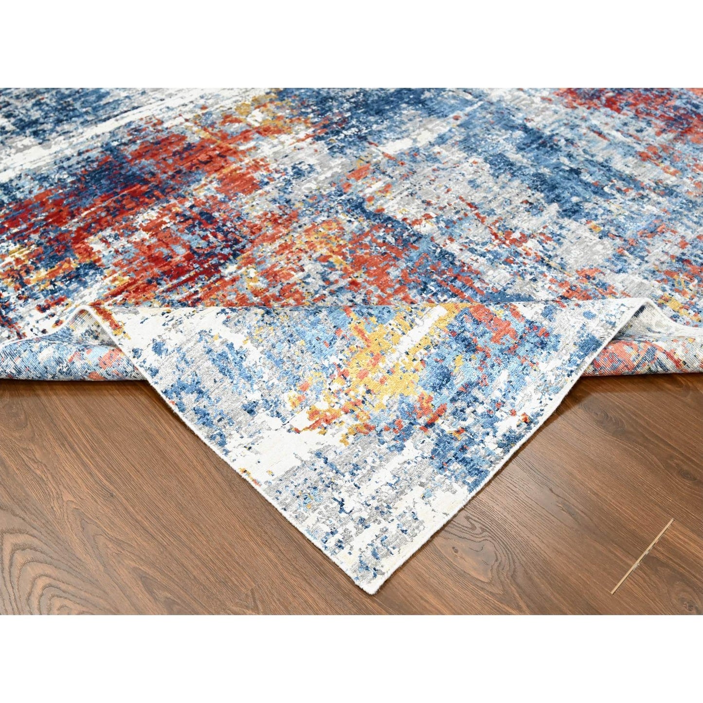 8'9"X11'7" Yale Blue Abstract Design Plant Based Silk Hand Knotted Rug